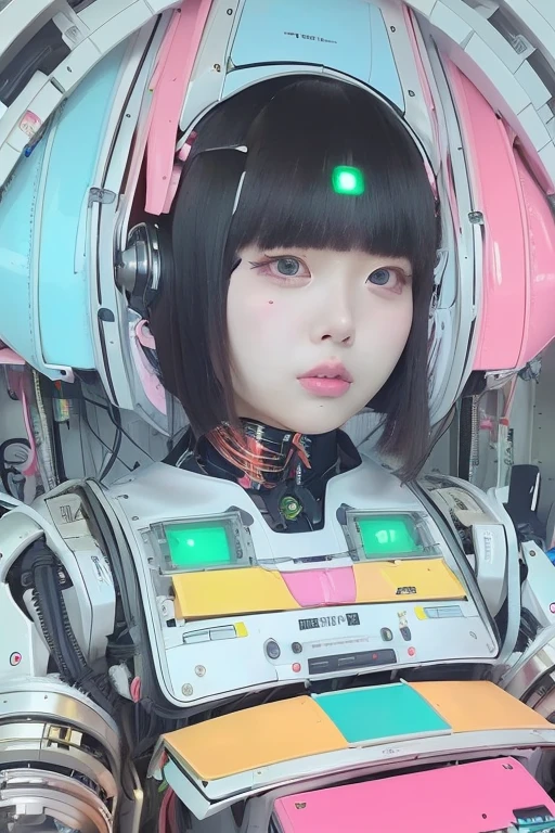 masterpiece, best quality, extremely detailed,portrait,front view,Japaese android girl,Plump,pastel color uniform, control panels,android,Droid,Mechanical Hand, Robot arms and legs,Blunt bangs,long tube,thick cable connected her neck