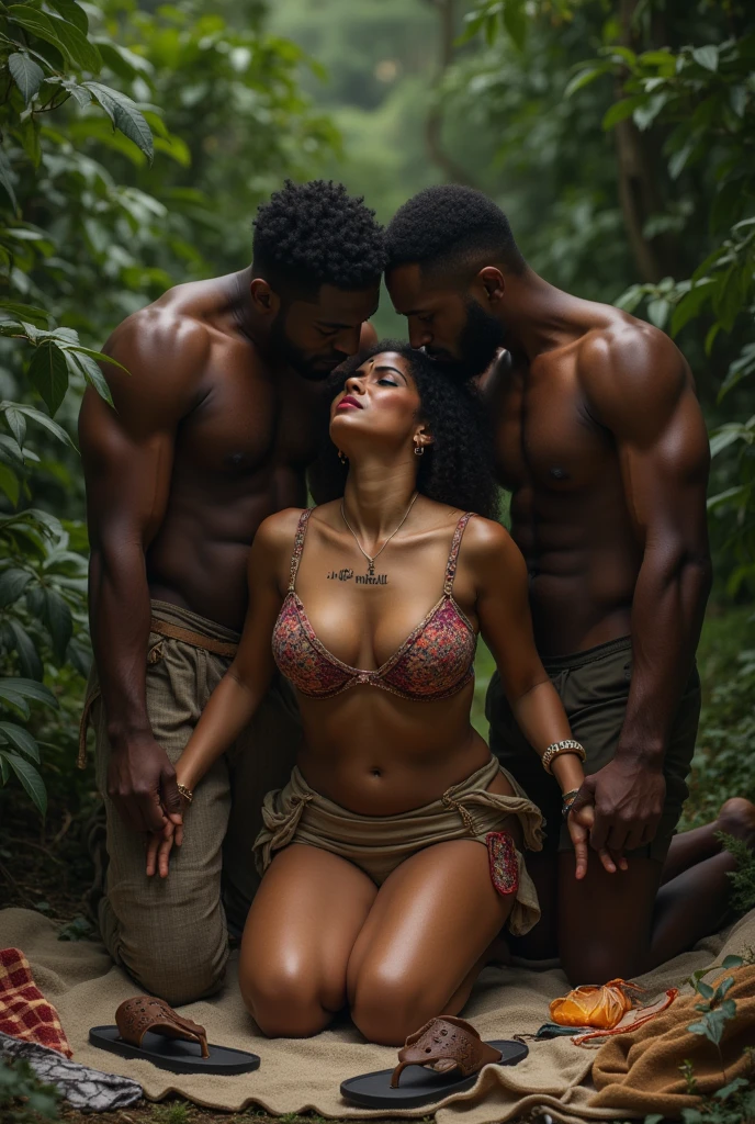 1 muscular very hary, handsome and attractive African man without wearing shirt with sexy Indonesian married woman bit chubby wearing a sexy pink satin bikini in the forest with sunlight. Both are hugging pose and there body is towards the camera which is front. The woman is in front and the man is behind her. The woman is to the left side of the man. The man is hugging the woman from behind. The woman is standing on the left side of the man. In forest. Hyper realistic image detail image. woman standing on left of the man. The background is sunny forest