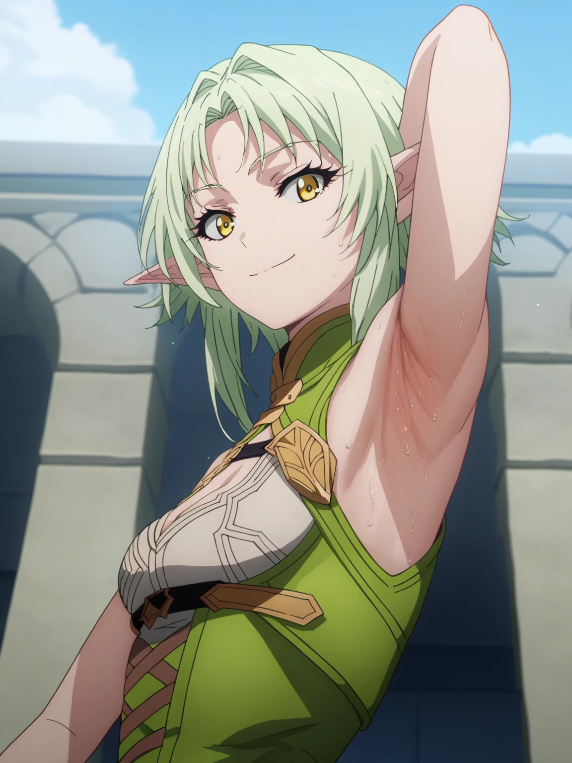 score_9, score_8_up, score_7_up, source_anime, anime screencap, 1girl, solo, celestine, short hair, green hair, yellow eyes , elf ears, small breasts, green outfit, cleavage, arm behind head, armpit, armpit focus, from side, (from below:1.1), looking at viewer, head towards viewer, smile, closed mouth, badhandv4, outdoors, day, sweaty armpits