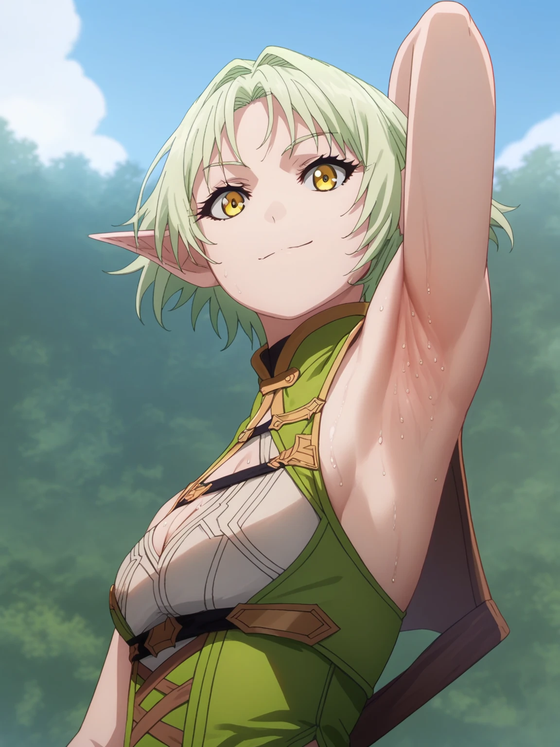 score_9, score_8_up, score_7_up, source_anime, anime screencap, 1girl, solo, celestine, short hair, green hair, yellow eyes , elf ears, small breasts, green outfit, cleavage, arm behind head, armpit, armpit focus, from side, (from below:1.1), looking at viewer, head towards viewer, smile, closed mouth, badhandv4, outdoors, day, sweaty armpits