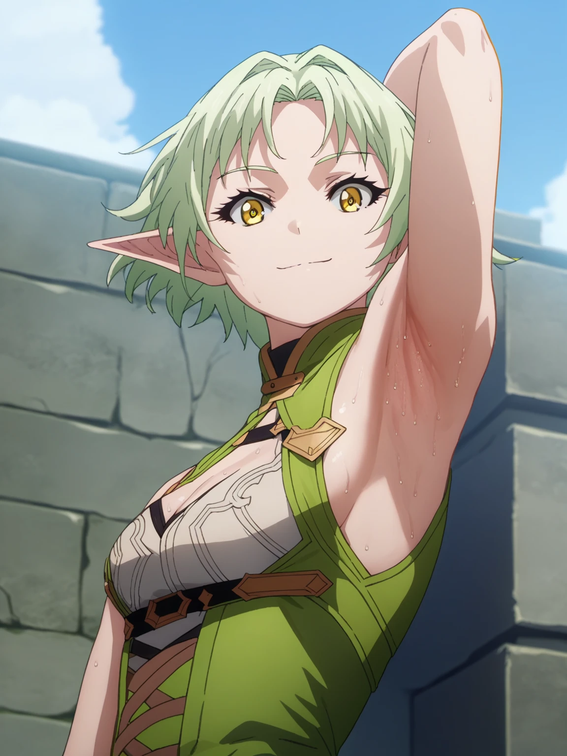 score_9, score_8_up, score_7_up, source_anime, anime screencap, 1girl, solo, celestine, short hair, green hair, yellow eyes , elf ears, small breasts, green outfit, cleavage, arm behind head, armpit, armpit focus, from side, (from below:1.1), looking at viewer, head towards viewer, smile, closed mouth, badhandv4, outdoors, day, sweaty armpits