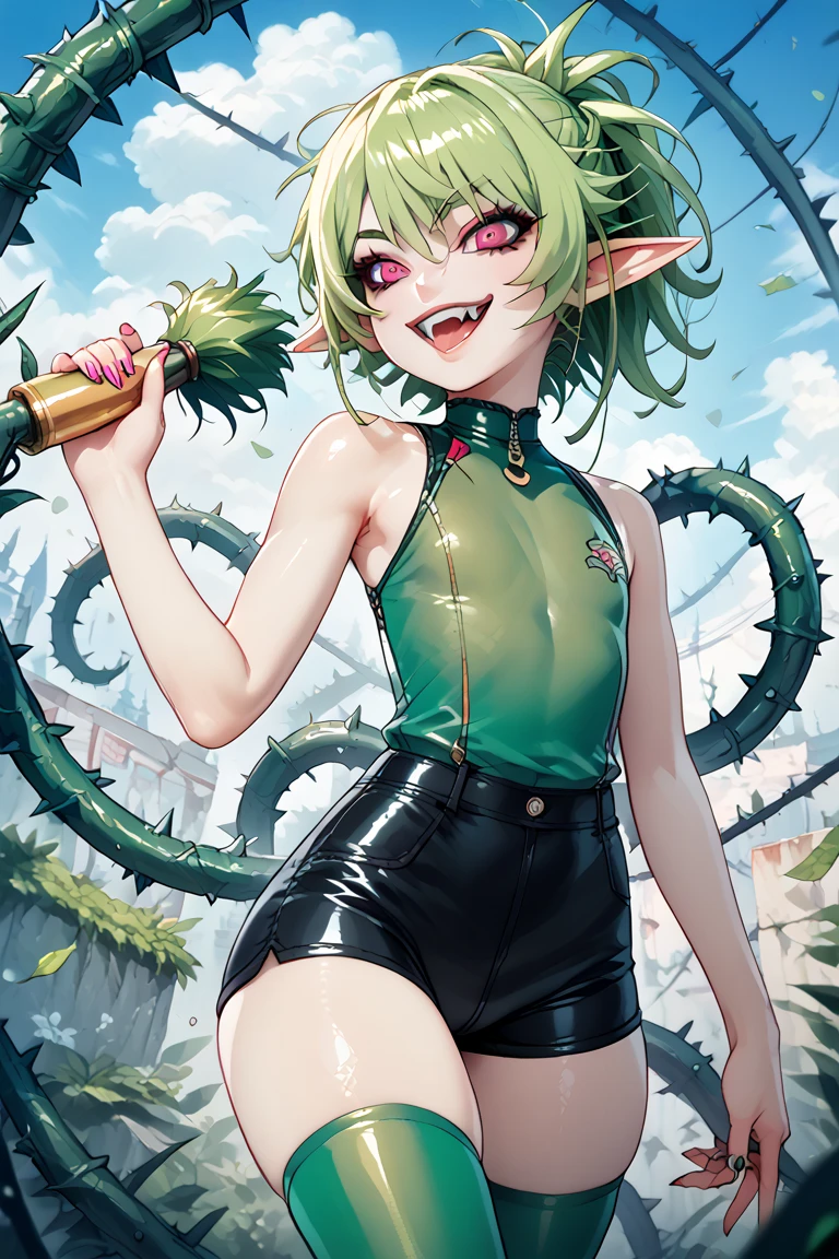  A girl with bright green hair ,  pink eyes , Elf ears,  thorns in the ears ,  thorns on the arms ,  tight shorts , long green stockings ,  a tight, sleeveless blouse with an exposed abdomen. Expression of mockery,  psychopathic smile ,  long fangs.  short hair brushed upwards .  flat chest .