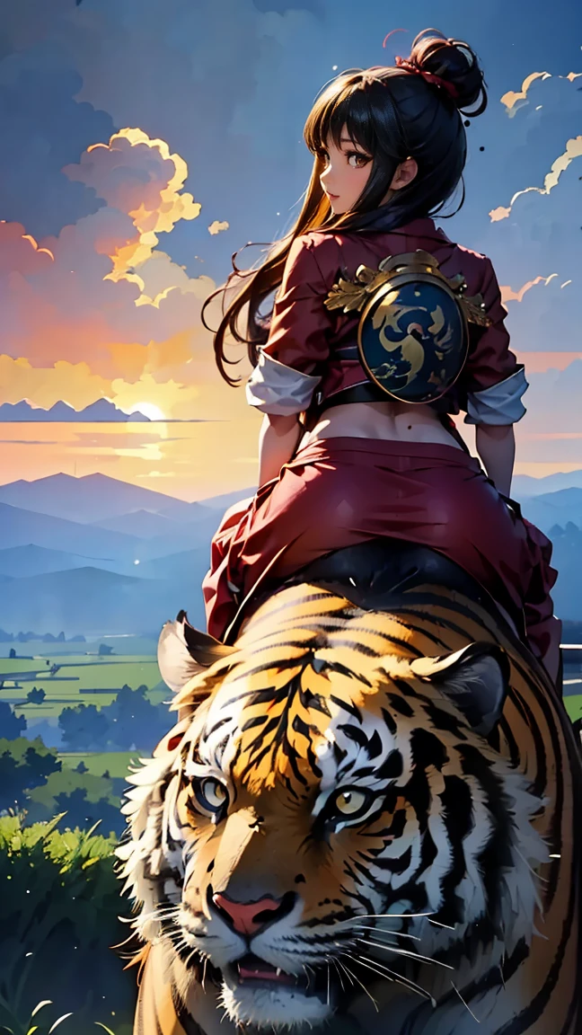 A girl riding on the back of an Asian tiger, wearing red cloth and carrying traditional elements, with glowing eyes. The background is grasslands, forests, mountains, blue sky, white clouds, sunshine, and "HAPPY NEW YEAR". It has exquisite details in the style of anime, vibrant colors, fantasy art, anime aesthetics, high resolution, and high quality. 