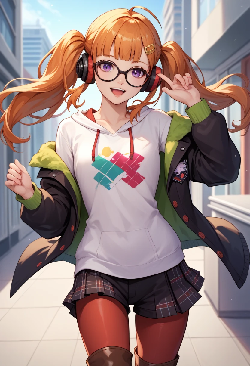 score_9_up, score_8_up, score_7_up,score_6_up, score_5_up, score_4_up , 1girl, solo, futabadef, orange hair, long hair, blunt bangs, glasses, ahoge, purple eyes, behind-the-head headphones, white shirt, green fur-trimmed jacket, off shoulder jacket, black shorts, black thighhighs, black knee boots, defAnn, twintails, hairclip, school uniform, black jacket, open jacket, white hoodie, plaid skirt, red pantyhose, brown boots, happy, cowboy shot, city background