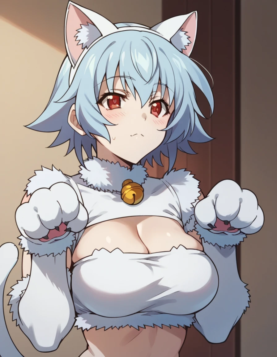 Tatehana Sarashiki ,  Short Hair ,  blue hair, red eyes,
Cat Cosplay　White cat tail　Big Breasts