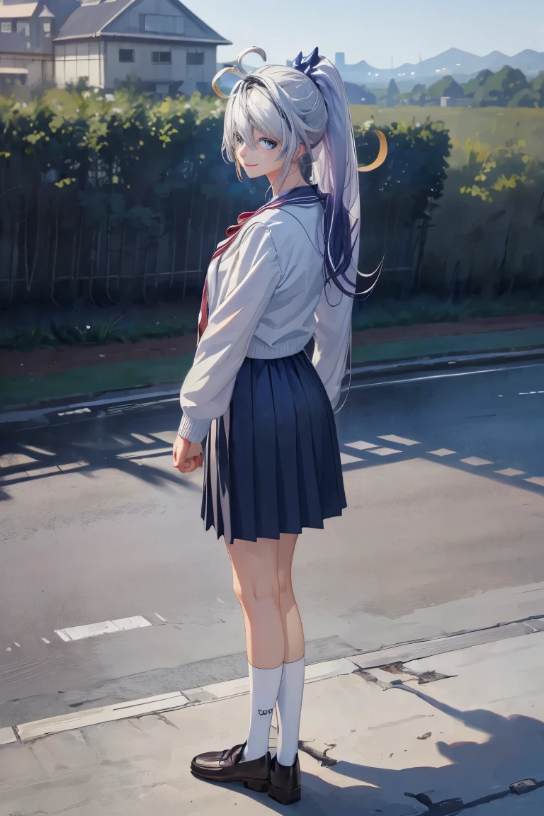 (((masterpiece,best quality,high resolution,UHD,super detailed,expressive eyes,perfect face,perfect 4fingers,1thumb, fingernail,perfect hands,perfect fingertip))),1girl,solo,kiana_Kaslana(honkai impact3rd),((white hair)),very long hair,(ponytail hair style),((hairs between eyes)),((ahoge)),full body,(standing),(from front),(from above),smile,((arms behind head)),looking at view,looking up,white socks,cardigan,black loafers,outdoors