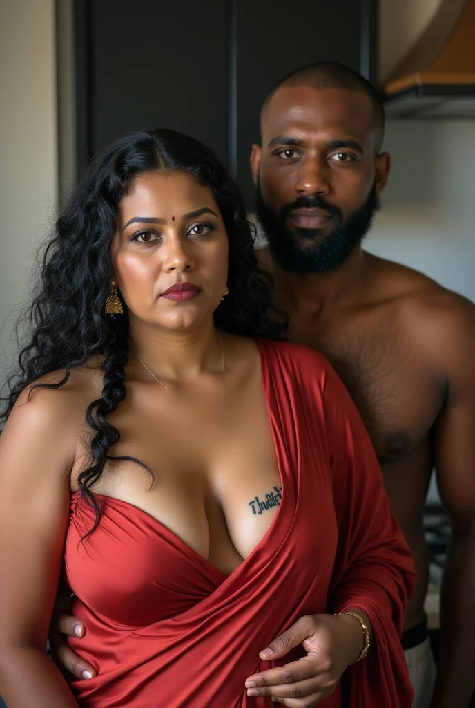 Newly wed indian couple, hot curvy south indian thick milf with messy bun hairstyle, big breast, big hip, big ass, thick thighs, woman wearing silky saree, indian couple, very short indian brown man with buzz cut, very big muscular body and beard, man wearing shorts, woman with man, couple in a big bedroom, high resolution, looking at camera, tall woman and short man, close-up potrait, Closed Mouth, man pulling woman hair, serious face, couple sitting in bed, front view