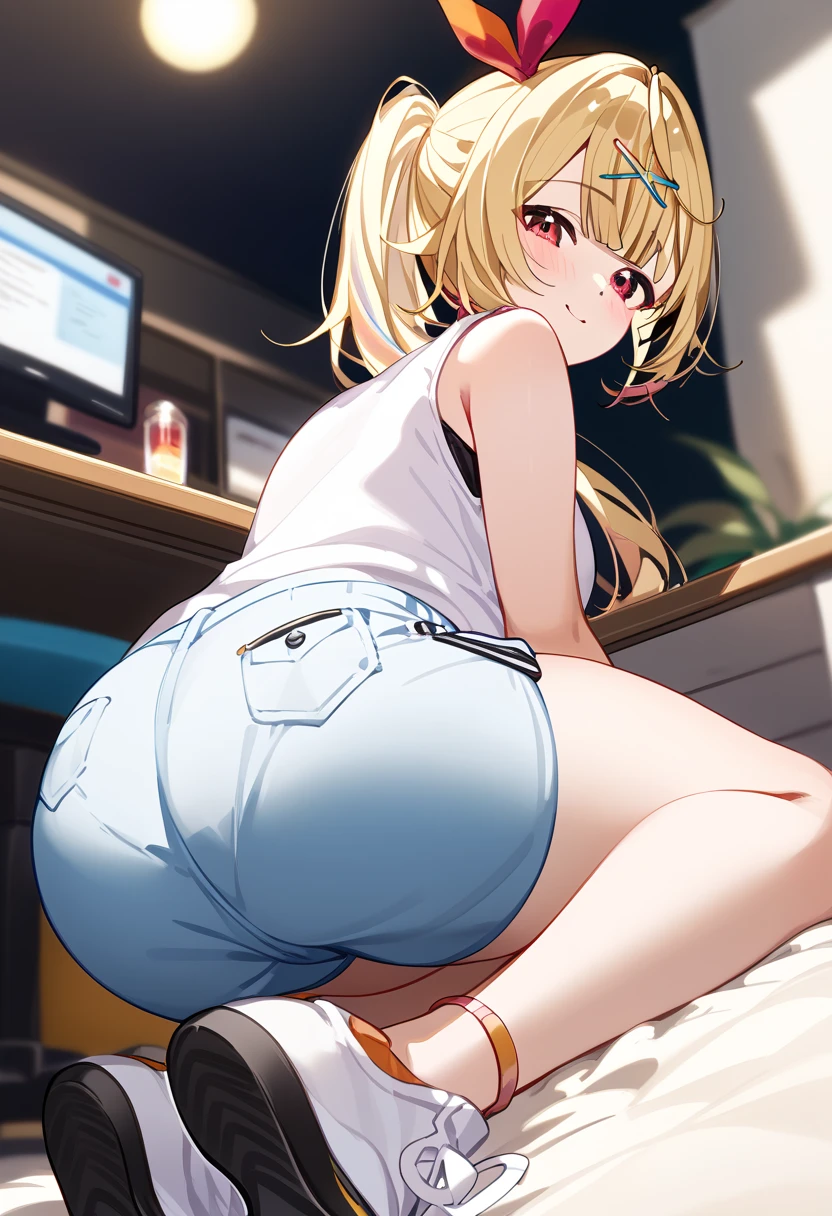 hololive,hoshkawa sara,Nijisanji, sleeveless white t-shirt、Light Blue Shorts 、水色shoes下、shoes、 Blonde ponytail、 bunting hairpins 、Red eyes、black show pants 、Sticking out your ass、I can see your thighs、Big ass、 thighs are thick、ass focus