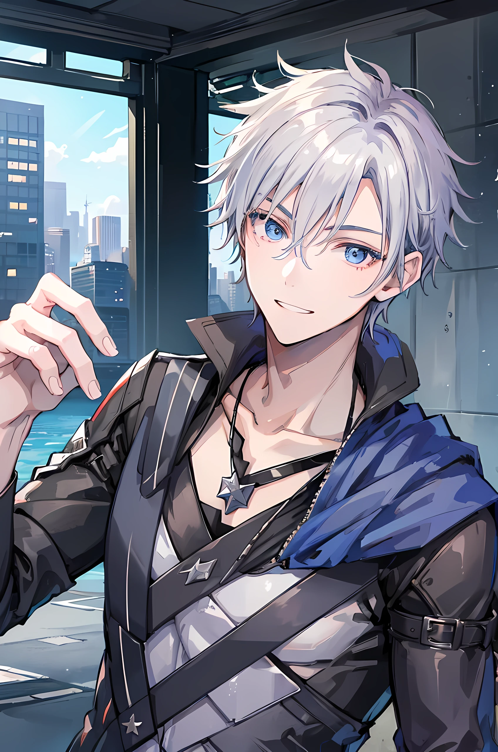 Young man, grey hair, blue eyes, toothy smile face, handsome man, casual wear, cool boy, bad boy, tall man, close up, dark city background