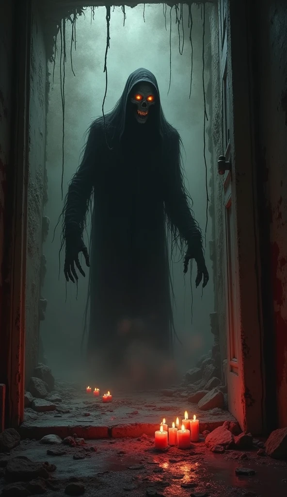 A chilling scene of the Hookman stalking his prey, his silhouette barely visible in the dim light, his hook glinting.