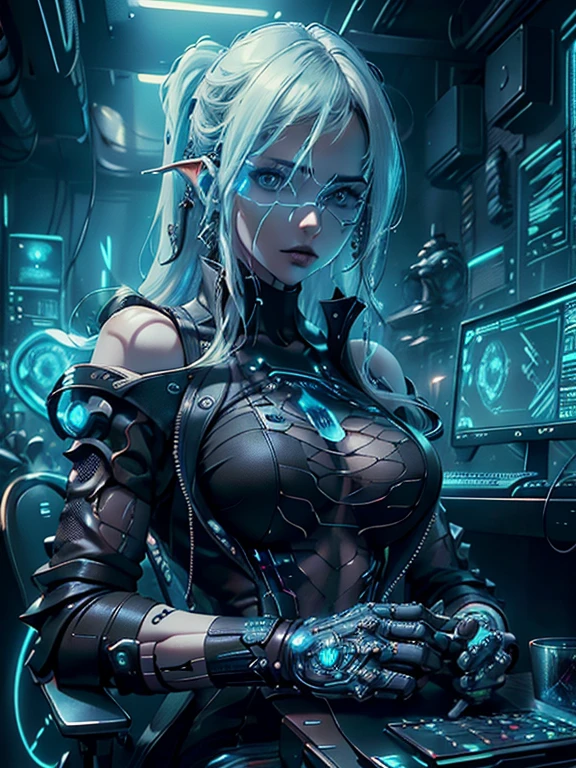 masterpiece,  best quality,  Highly Detailed CG Unity 8K Wallpaper,beautiful Alluring  cyberpunk Female hacker, ((Upper body portrait)), ( long pointed ears ), (The most beautiful and perfectly symmetrical face),  Elegant Long Wave Platinum Blonde Hair, ((Average chest, Self-illuminating skin)), Curved slender body ,  Tube Dress ,  cyberpunk gogles connected with wires to computer screens,  Mechanical Hands ,  no underwear,  cyberpunk,  Fantasy Theme ,  sitting in a mechanical chair 、 d character portrait 、 beautiful Alluring cyberpunk Female hacker {x} in a dark room with a neon computer monitor, beautiful D&  d character portrait , beautiful Face, Unlucky, Dark fantasy, Fiverr Dnd Character,  octane rendering intertwined ,  digital art  ,  Extreme Details, 4K, , Polished, beautiful,  High Details ,  complicated, Exquisite , Close up portrait of , Photographically,  sharp concentration,　繊細な詳細の写実主義HDR,  photorealism,  hyperrealism ,  super realistic,  dramatic light ,  Strong Shadows  ,  Amazing Scenery ,  Depth of Written Boundary,