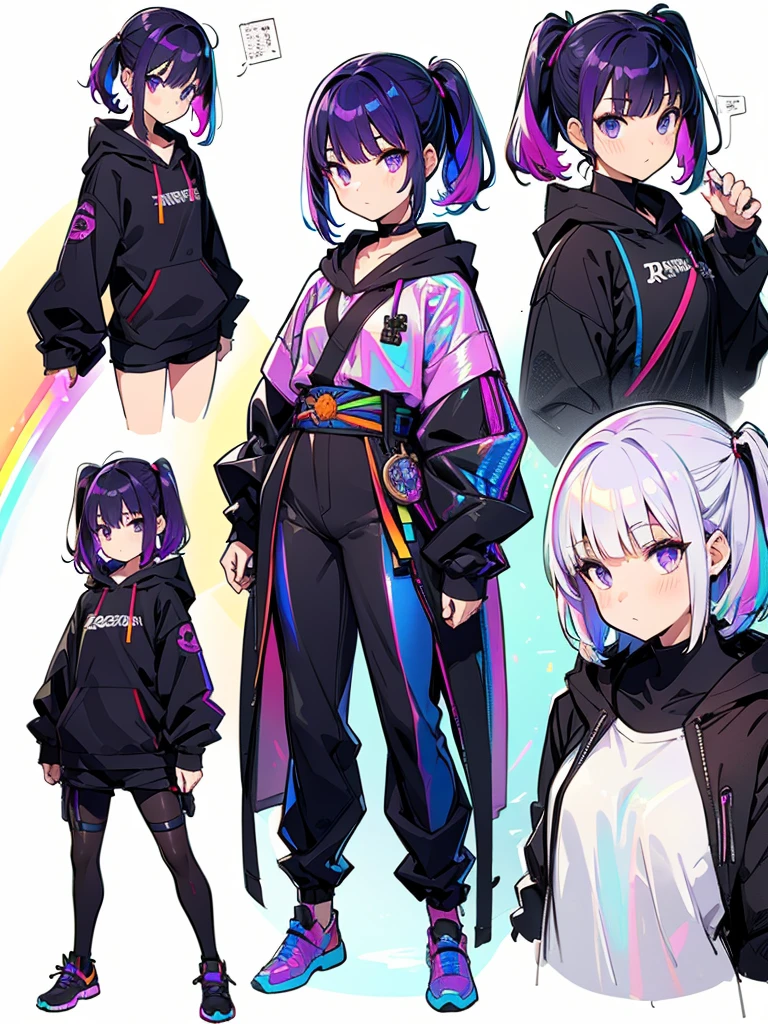  Rainbow Brilliant Light 、(( Holographic ))、  black background with spotlight, kishi-v2,  purple hair,  Japanese giant beautiful girl  ,  ponytails bleeding from the vagina,  black tights , Short hair upstyles, Orange and white hair  {x}  hoodie ,  I was wearing long pants ,Nice,big woman in black robe  , Nervous,  Cowboy Shooting  , sketch (  character design sheet, same characters, whole body, three views, Front, ~ ~ ~ side, return),(Very bright:1.1), White background, [  1 girl:7], ( Tilt your head :1.2), ([sketch|watercolor \(Moderate\)]:1.15)