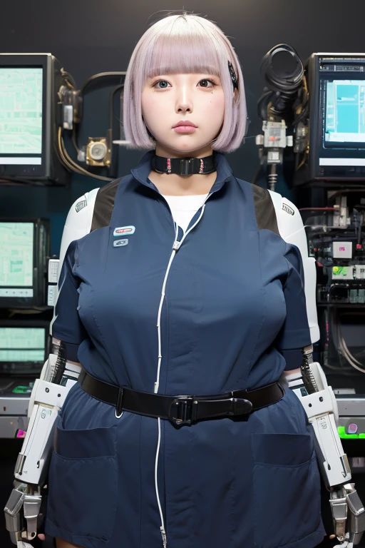 masterpiece, best quality, extremely detailed,portrait,front view,Japaese android girl,Plump,pastel color uniform, control panels,android,Droid,Mechanical Hand, Robot arms and legs,Blunt bangs,long tube,thick cable connected her neck