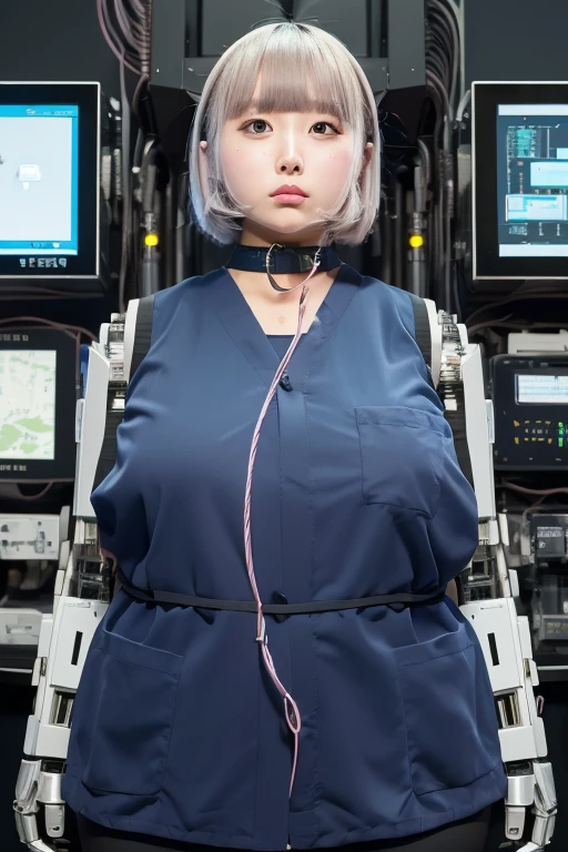 masterpiece, best quality, extremely detailed,portrait,front view,Japaese android girl,Plump,pastel color uniform, control panels,android,Droid,Mechanical Hand, Robot arms and legs,Blunt bangs,long tube,thick cable connected her neck