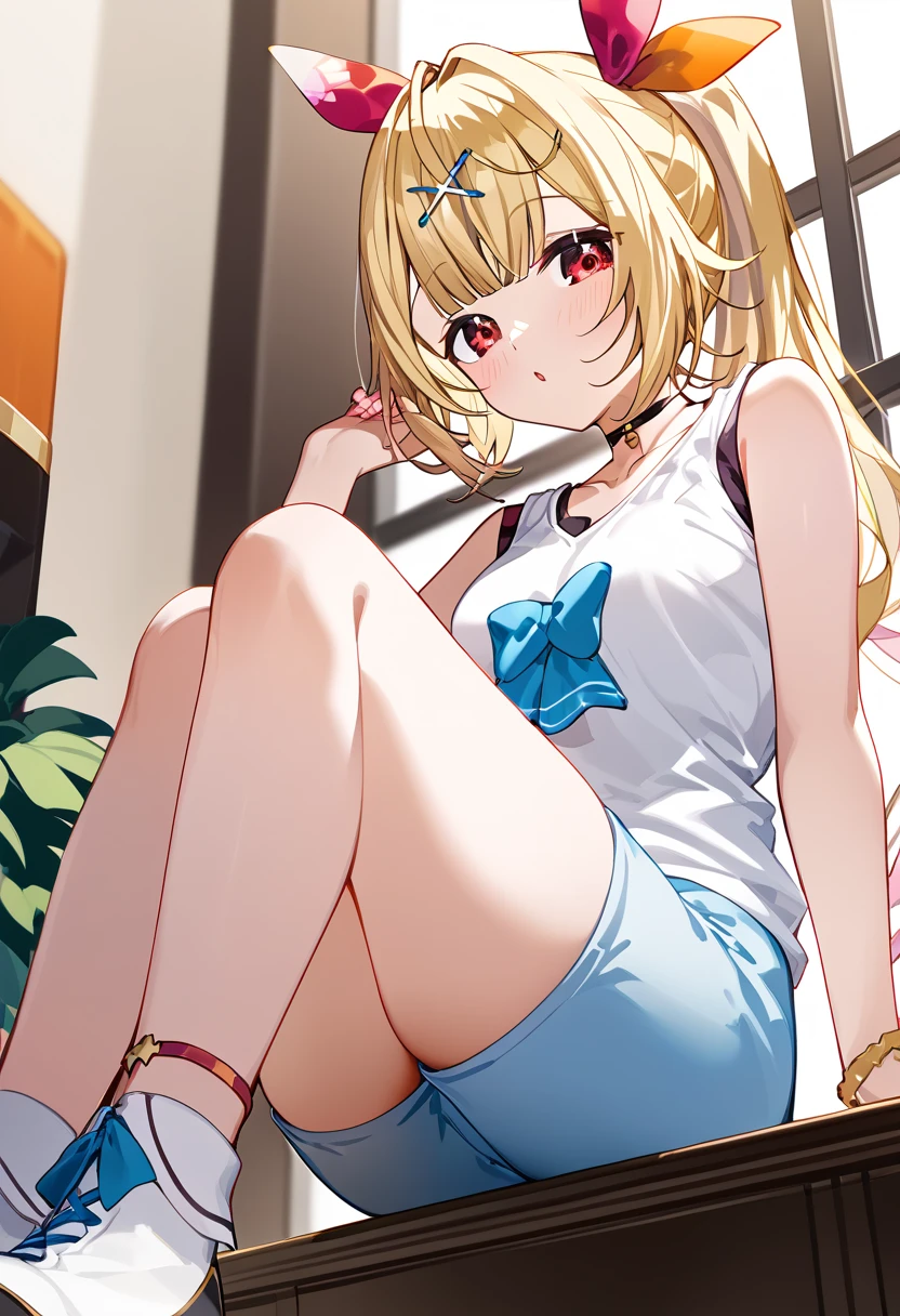 hololive,hoshkawa sara,Nijisanji, sleeveless white t-shirt、Light Blue Shorts 、水色shoes下、shoes、 Blonde ponytail、 bunting hairpins 、Red eyes、black show pants 、Sticking out your ass、I can see your thighs、Big ass、 thighs are thick、ass focus, has small breasts、 well-groomed, big-breasted woman sitting on a 