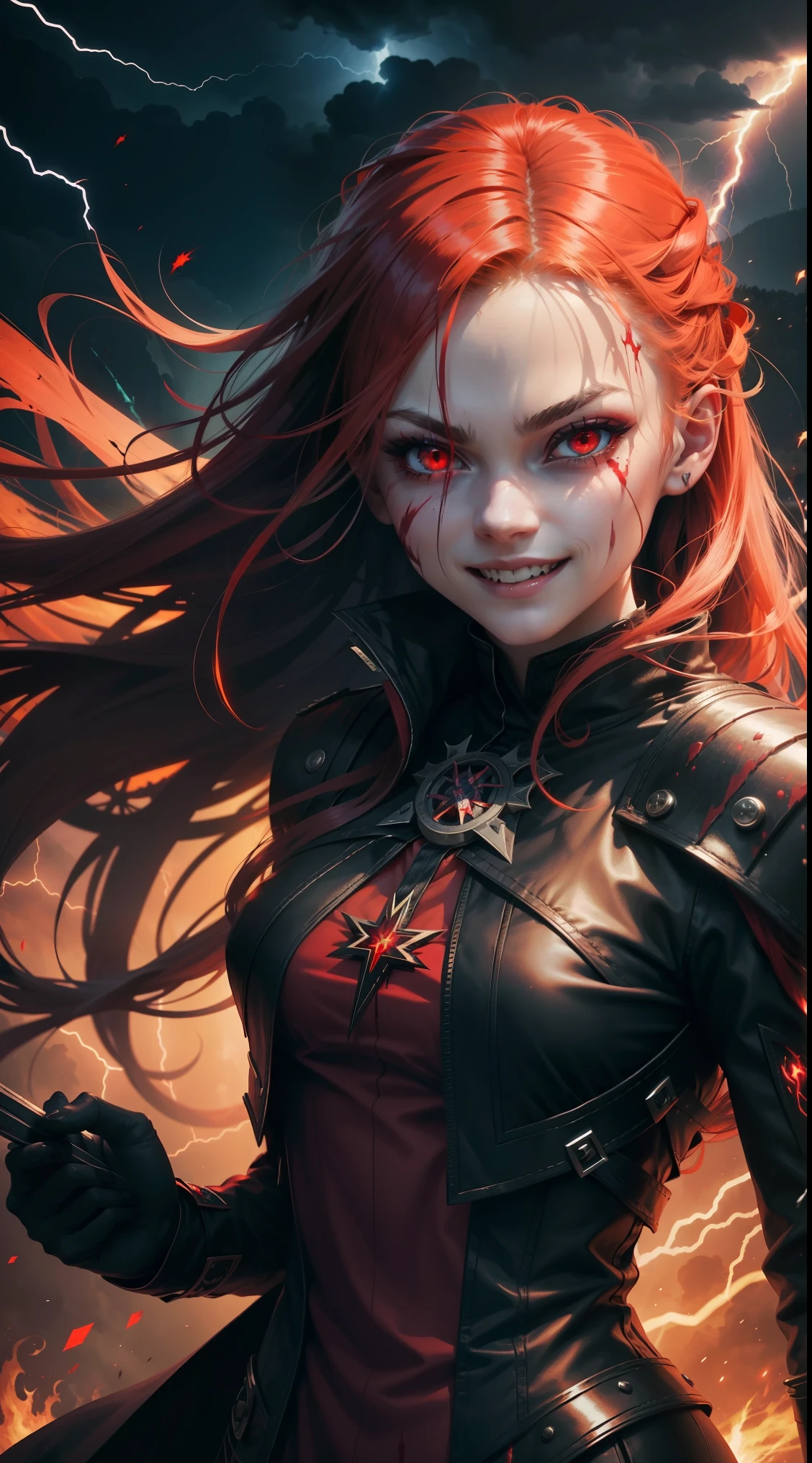 1girl, detailed face, beautiful detailed eyes, beautiful detailed lips, extremely detailed face and eyes, long eyelashes, red eyes, fire witch, blood on face, flying hair, light particles, lightning rays, colorful, high contrast, vampire, smirk, evil smile, psychopathic smirk, psychopathic smile, tilted head, dark fantasy, dramatic lighting, supernatural, moody, cinematic, vibrant colors, volumetric lighting, dramatic atmosphere, intricate details, masterpiece, best quality, 8k, high resolution, hyper detailed, photorealistic