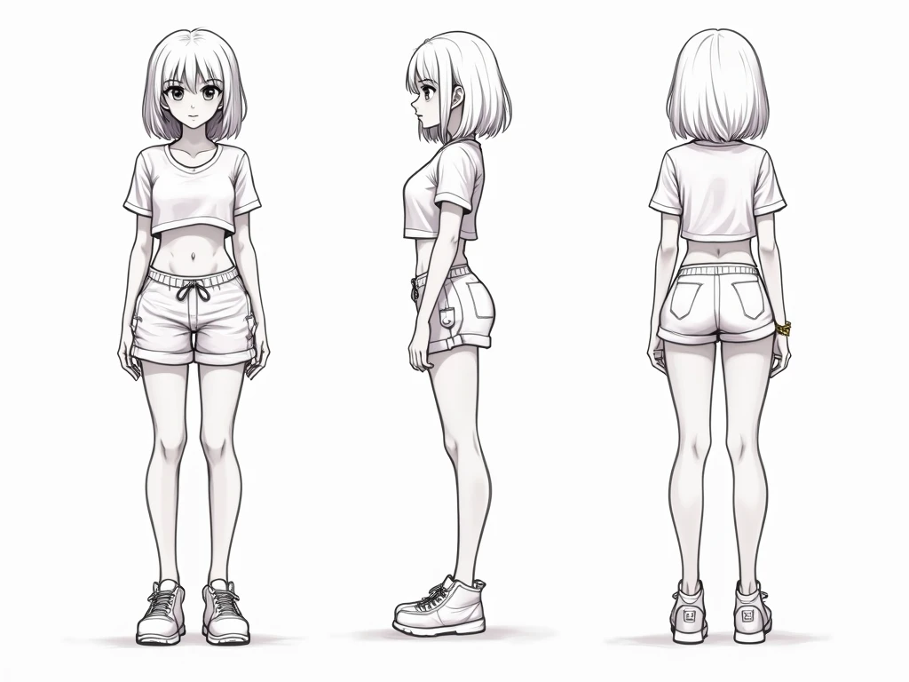 score_9, score_8_up, score_7_up, score_6_up, score_5_up, score_4_up, BREAK source_anime, <lora:character_sheet:0.9>, frond an side, multiple views,  front and side, full body,1girl, purple eyes, pink hair, large breasts, navel,