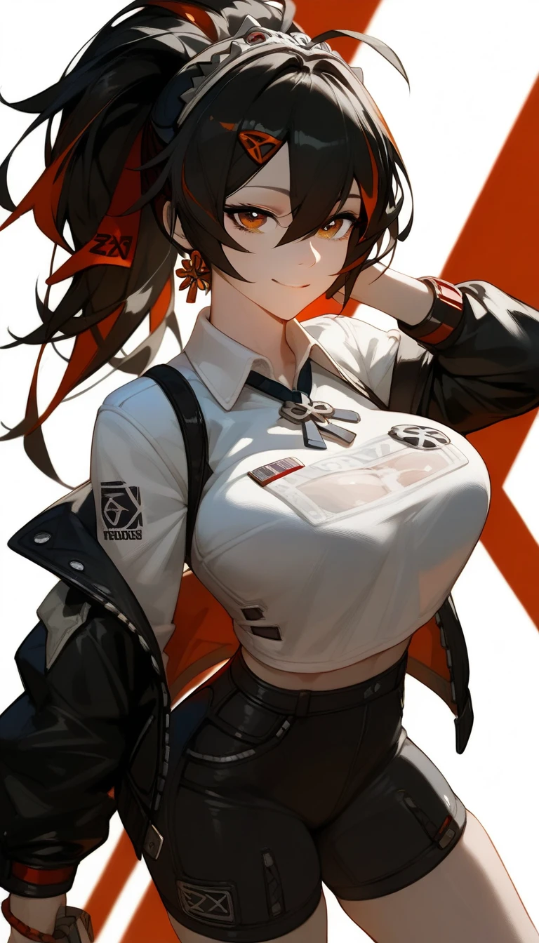 ((Score_9,Score_8_up,Score_7_up)),(((status_anime))), (((anime))), (((Japanese anime))), (((1 anime girl))), ((white skin)), ((Zenless Zone Zero, Zhu Yuan)), high school student, Japanese girl, sexy body, thighs, big breast, black hair, ponytail, standing, soft thighs, white shirt, black tight pants, sexy smile, panty, highest quality,detailed,30 years old,Top quality eyes,white background,gradation hair
