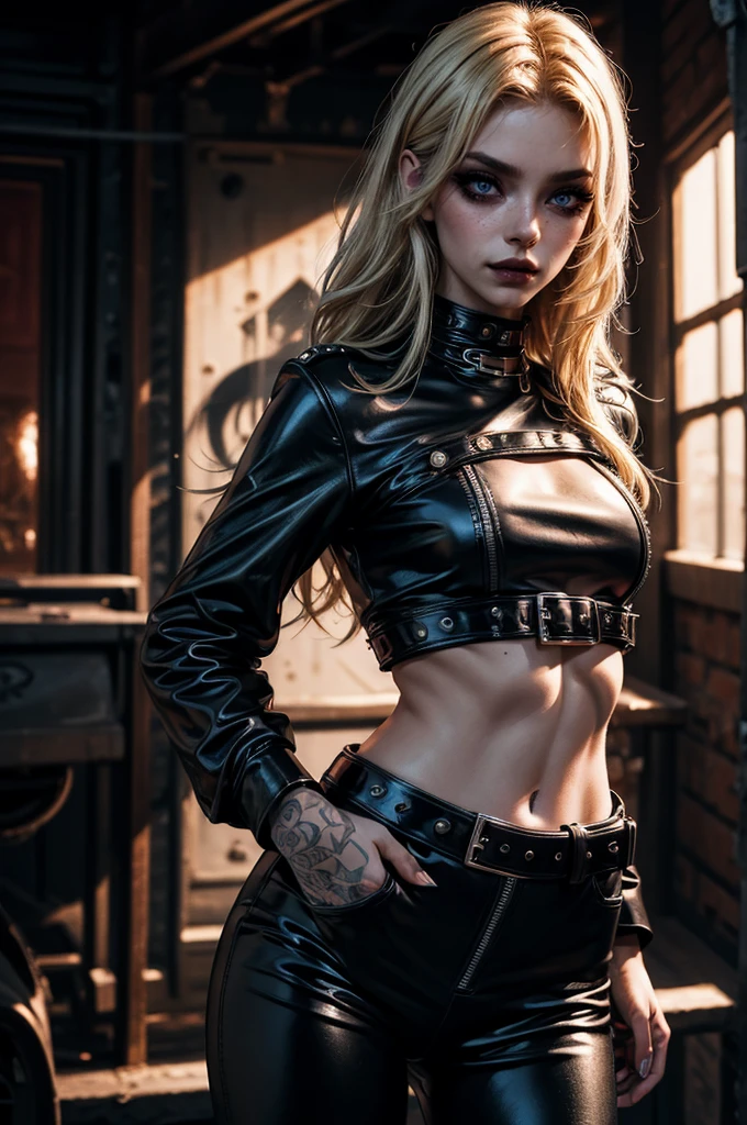 lora_Emma, a skinny blonde girl wearing full black shiny and glossy leather outfit, innocent look, studded belts, chains, zippers, exposed midriff, navel piercing, belly tattoos, glamorous makeup, dramatic lighting, photorealistic, highly detailed, 1girl, beautiful detailed eyes, beautiful detailed lips, extremely detailed eyes and face, long eyelashes, high fashion, edgy, dark and moody, intense, cinematic, chiaroscuro lighting, cinematic composition, stunning, mesmerizing