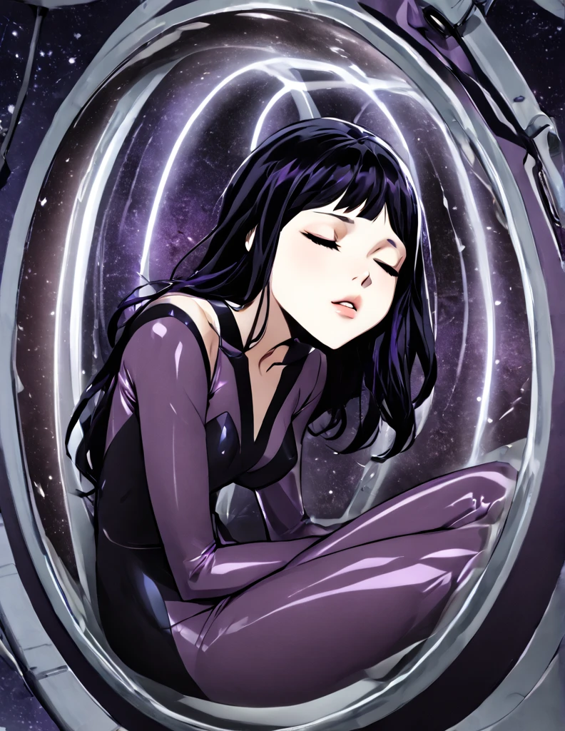 Thin anorexic woman, pale, long neck, long black hair, large breasts, hour glass frame.wears a purple v neck bodysuit, she is on a space ship. She is inside a stasis  tube. She is asleep with her eyes closed