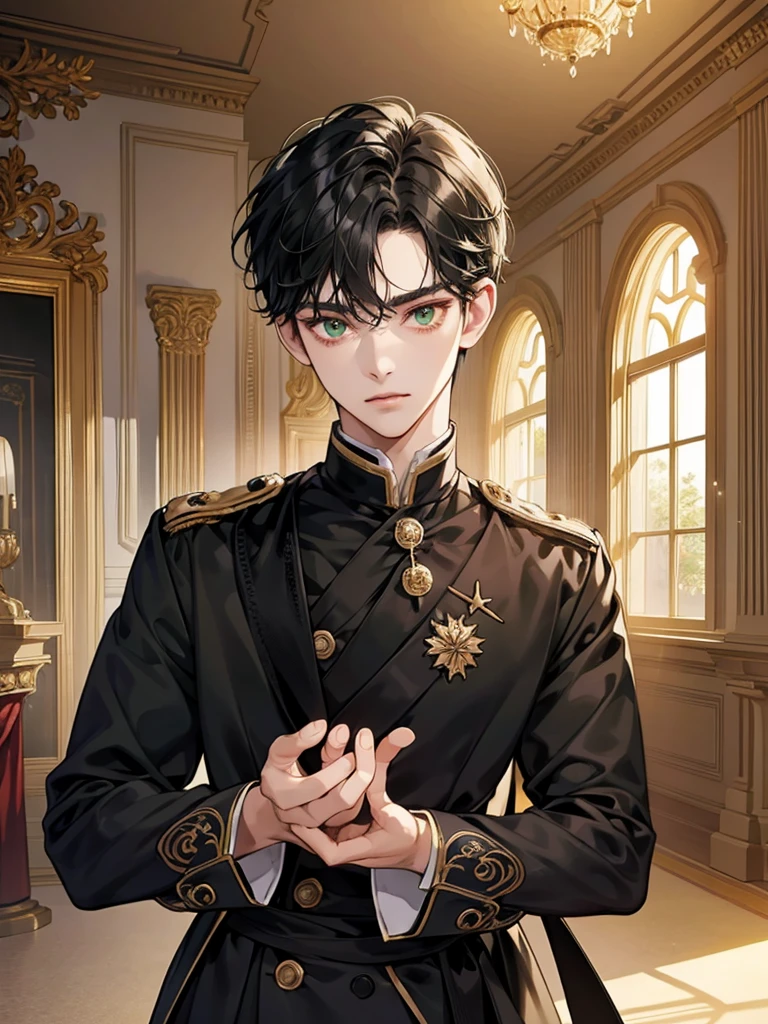 (highest resolution, distinct_image) A man of the best quality, masterpiece, highly detailed, semi realistic, black short haired man, bang, medium haired, 18 years old, young, tall and strong, black clothing, black uniform, military uniform, military academy, unruly, unrestrained, handsome, authoritative, powerful aura, exquisite facial features, facial details, indoor