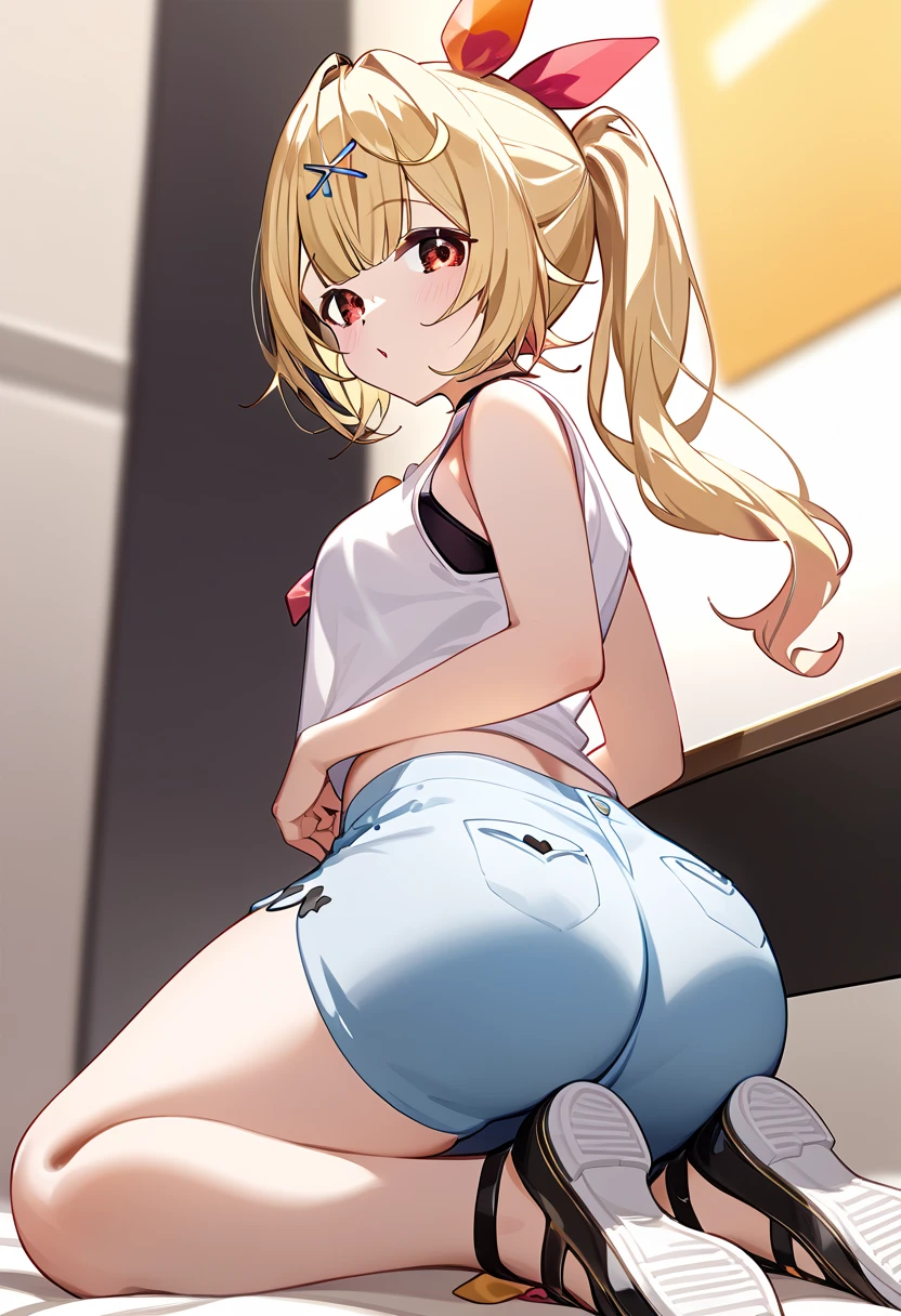 hololive,hoshkawa sara,Nijisanji, sleeveless white t-shirt、Light Blue Shorts 、水色shoes下、shoes、 Blonde ponytail、 bunting hairpins 、Red eyes、black show pants 、Sticking out your ass、I can see your thighs、Big ass、 thighs are thick、ass focus, has small breasts、 kneeling、Turn your ass towards me、Round ass