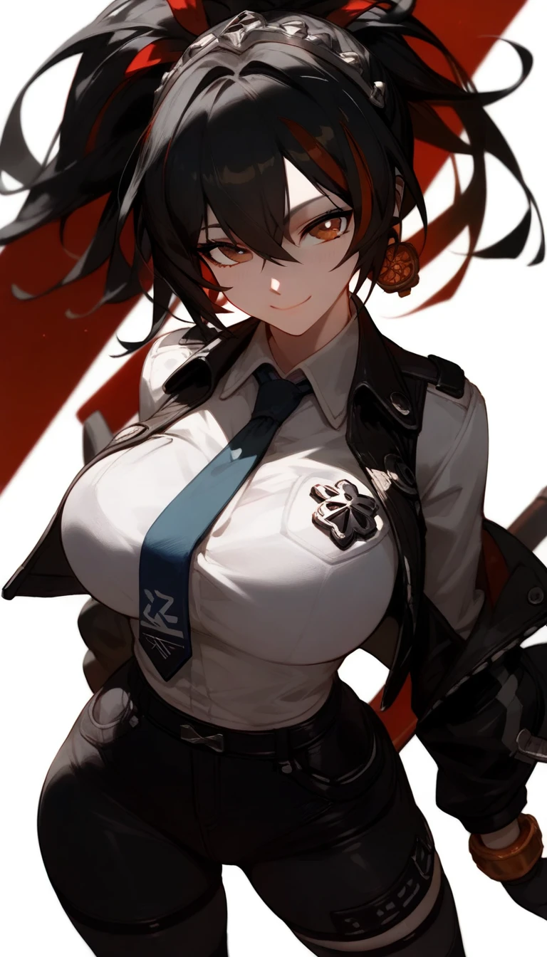 ((Score_9,Score_8_up,Score_7_up)),(((status_anime))), (((anime))), (((Japanese anime))), (((1 anime girl))), ((white skin)), ((Zenless Zone Zero, Zhu Yuan)), high school student, Japanese girl, sexy body, thighs, big breast, black hair, ponytail, standing, soft thighs, white shirt, black tight pants, blue tie, sexy smile, panty, highest quality,detailed,30 years old,Top quality eyes,white background,gradation hair
