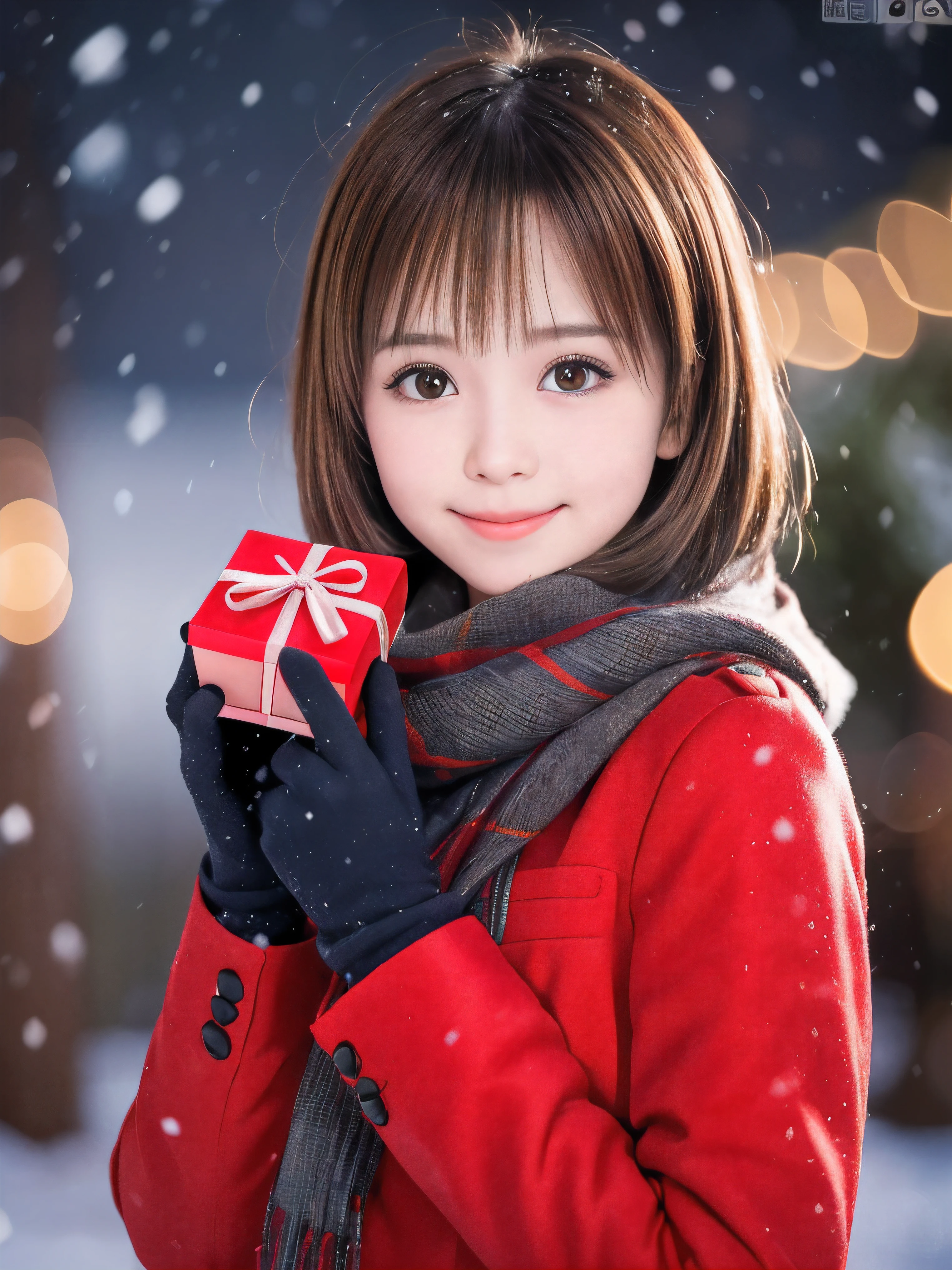 (Close-up face shot of one slender small breasts round face brown short hair with bangs girl in a winter long coat and  scarf:1.5)、(One girl is holding a gift box with gloves in hand with small smile:1.5)、(Very beautiful Christmas illumination:1.5)、(Heavy snowing night:1.5)、(blurred background:1.5)、(Natural light:1.5)、(8k ultra detailed master piece:1.5)、(perfect anatomy:1.5)、(Photorealistic stick:1.5)、(Raw photo:1.3)、(highest quality:1.5)、(High resolution:1.3)、(Delicate and beautiful perfect face:1.3)、(Delicate and beautiful eye air skin:1.3)、(Real Human Skin:1.3)、((thin legs))