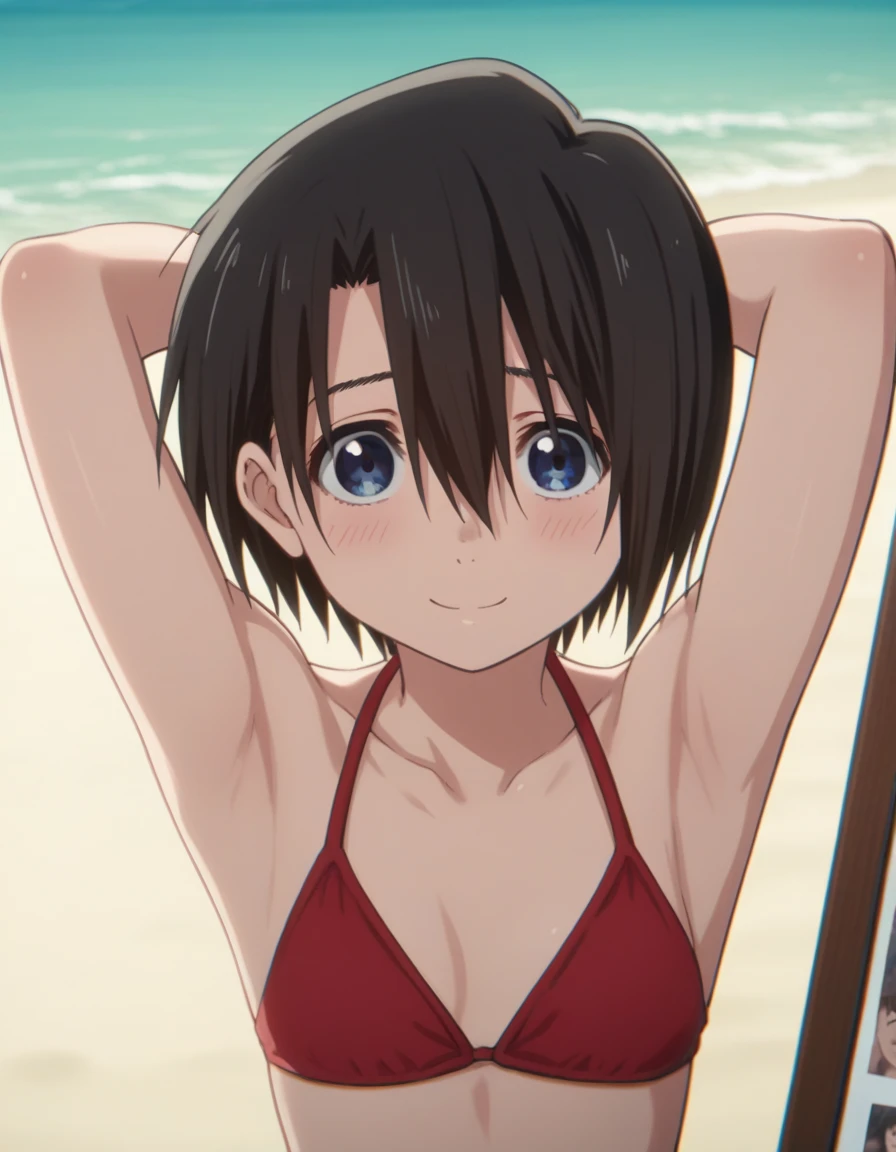 score_9, score_8_above, score_7_above, source_anime,
  yuzurunishimiya  ,   Yuzuru Nihimiya  ,   short hair, blue eyes,   black hair ,   hair between the eyes ,, beach, smile,   looking at the viewer  , (( red bikini )), [show in this], in this beautiful , Alone, shy, standing, Blush, pose sexy, confrontation , Sensual, uncensored,  open armpit ,  arms behind the head, smile,  looking at the viewer , (photo the cowboy: 1.5), Closed mouth, beach,  silhouette 