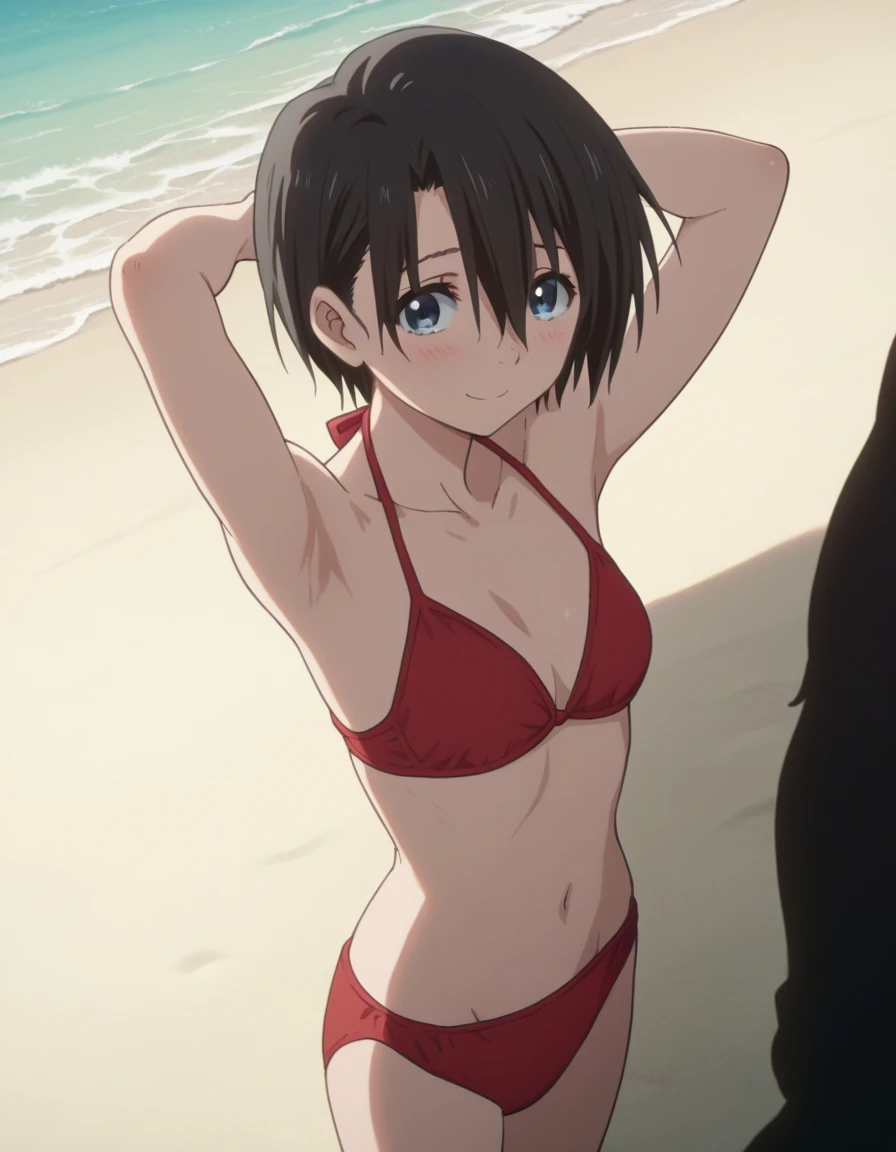 score_9, score_8_above, score_7_above, source_anime,
  yuzurunishimiya  ,   Yuzuru Nihimiya  ,   short hair, blue eyes,   black hair ,   hair between the eyes ,, beach, smile,   looking at the viewer  , (( red bikini )), [show in this], in this beautiful , Alone, shy, standing, Blush, pose sexy, confrontation , Sensual, uncensored,  open armpit ,  arms behind the head, smile,  looking at the viewer , (photo the cowboy: 1.5), Closed mouth, beach,  silhouette 