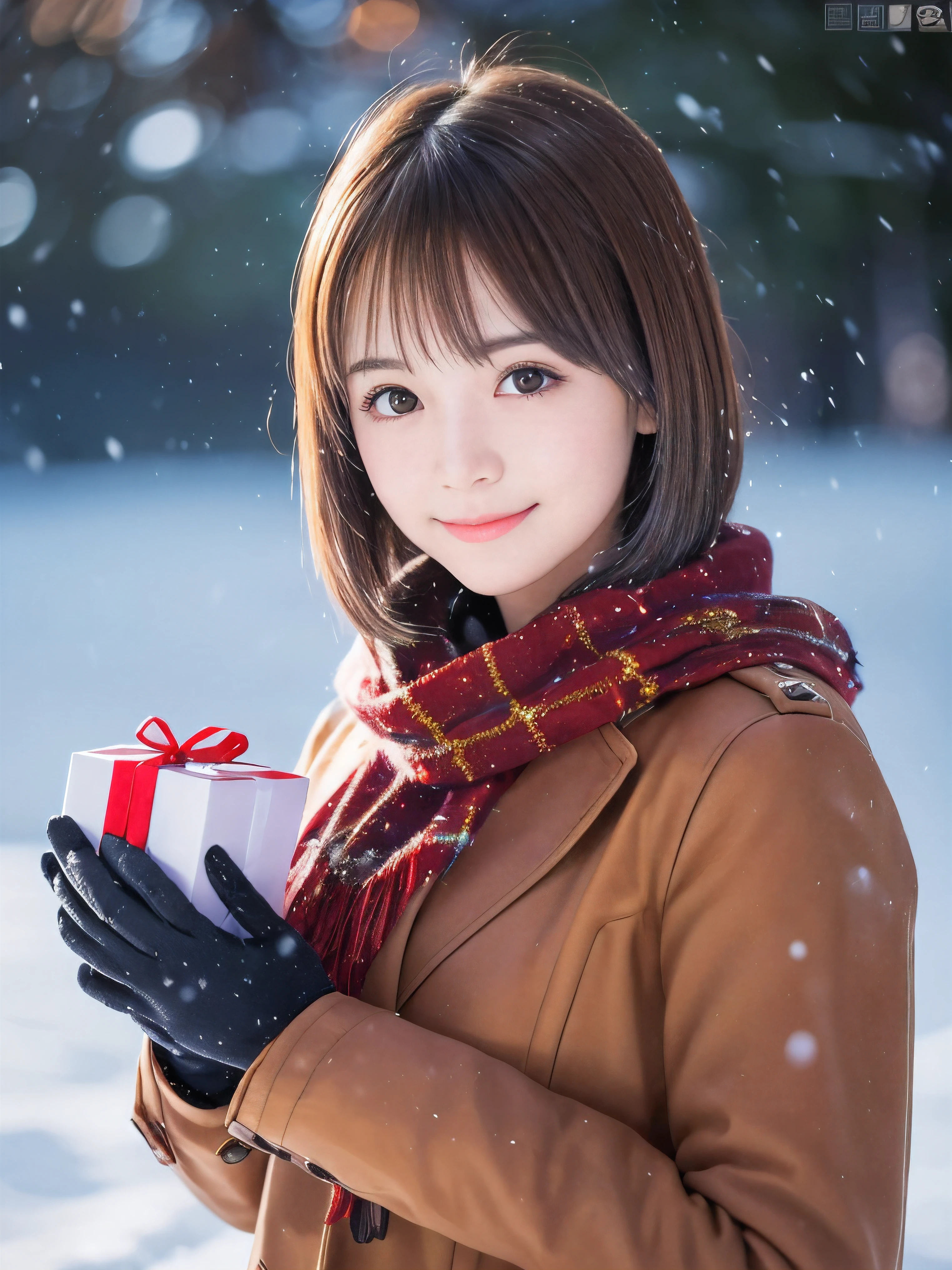 (Close-up face shot of one slender small breasts round face brown short hair with bangs girl in a winter long coat and  scarf:1.5)、(One girl is holding a gift box with gloves in hand with small smile:1.5)、(Very beautiful Christmas illumination:1.5)、(Heavy snowing night:1.5)、(blurred background:1.5)、(Natural light:1.5)、(8k ultra detailed master piece:1.5)、(perfect anatomy:1.5)、(Photorealistic stick:1.5)、(Raw photo:1.3)、(highest quality:1.5)、(High resolution:1.3)、(Delicate and beautiful perfect face:1.3)、(Delicate and beautiful eye air skin:1.3)、(Real Human Skin:1.3)、((thin legs))