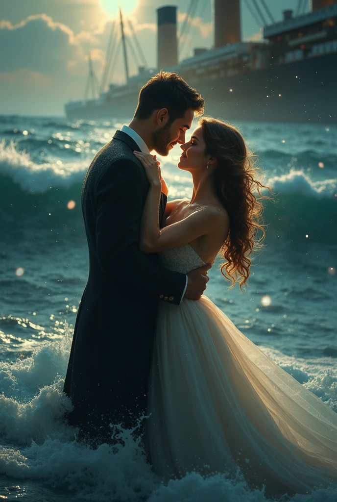 Prompt Title: The Fateful Story of Titanic Scene 2: Romantic Moment
Setting: The bow of the ship at sunset.
Characters: Jack and Rose standing at the ship's bow, arms outstretched, feeling the wind.
Background: Beautiful sunset over the ocean.