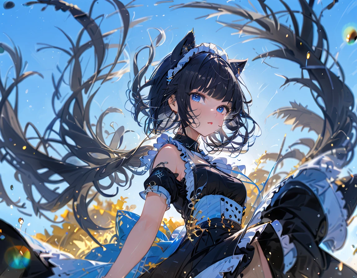 1girl, absurdly long black hair blunt bangs, blue eyes, cat ears, cat tail, chestnut mouth, large breast, open shoulder maid uniform, high waist short skirt, wind browing, floating hair, white background, contrapposto, cool expression, from below, look at viewer, soft focus, lens flare, masterpiece, best quality, vivid light color, Vector Art, 2D flat, simple shapes, professional graphic, flat color, Sleek design, 1girl, absurdly long black hair blunt bangs, blue eyes, cat ears, cat tail, chestnut mouth, large breast, open shoulder maid uniform, high waist short skirt, wind browing, floating hair, white background, contrapposto, cool expression, from below, look at viewer, soft focus, lens flare, masterpiece, best quality, Matte frosted color, Vibrant colors, Layering impasto (oil painting:1.1), ultra-detailed texture, perfect composition, intricate details, high resolution, High contrast, sharp focus, Delicate brushwork, ,AddXL,Dream Scenery