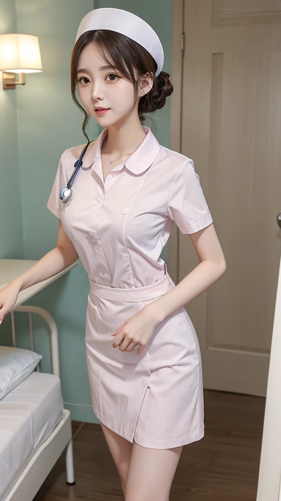 ,8K, Maste Piece, Raw Photo, Best Quality, Photorealistic, Highly Detailed CG Unity 8K Wallpaper, Depth of Field, Cinematic Light, Lens Flare, Ray Tracing, (Extremely Beautiful Face, Lips) Beautiful, beautiful eyes), intricately detailed face, ((super detailed skin)) 1 girl, 1 woman, nurse, nurse cap, pink wear, ((white leg wear, )), long hair, brown hair, red eyes, pink lips, shy smile, standing posture, ((hospital room)), sharp outline, short sleeves, female, 25 years old, best quality, mastepiece