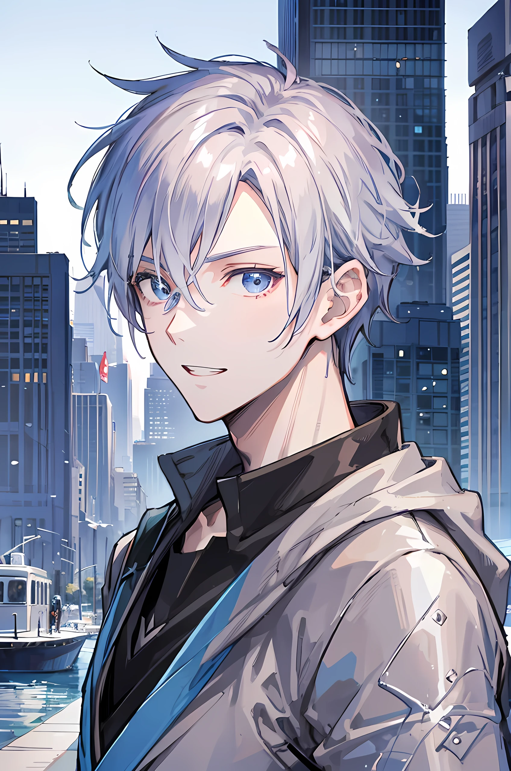 Young man, grey hair, blue eyes, toothy smile face, handsome man, casual wear clothes, modern style cool boy, bad boy, tall man, close up camera, city background