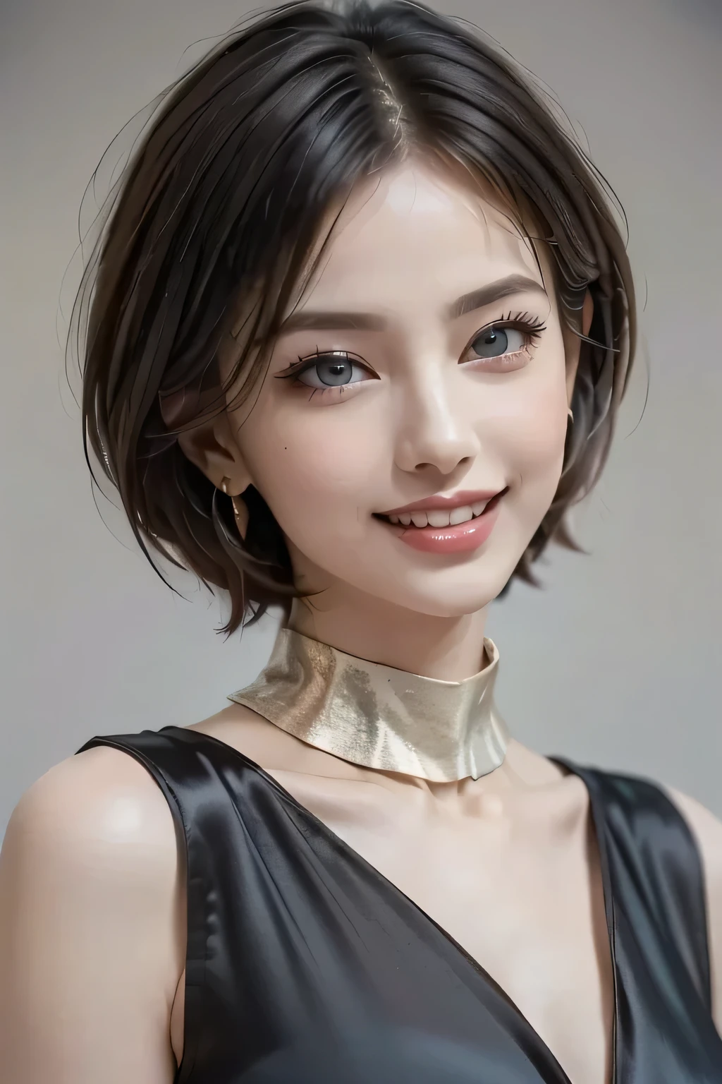 (1.  Beauty ,  Supermodel ), (perfect anatomy),  anatomically correct body shape, ( Cowboy Shots), Golden Ratio, ( best quality:1.4), 32k resolution, (Realistic:1.5), (超Realistic:1.5), High resolution UHD, (masterpiece:1.2)), ( best quality:1.4), ( very beautiful face details ), (Grin), ( best qualityのRealisticな肌のテクスチャ), (( Black Silk Dress Decorated with Gold Details:1.37)),  large earrings ,  Necklaces , (Big Breasts:1.3),  Very detailed,   beautiful eyes ,  double eyelid,  eyelash , Shaping your eyebrows, (( Very detailed)),  red cheeks , Ultra-realistic eyes, Perfect Lips,  perfect eyes,  Full rainbow,   natural makeup, [Pink lipstick], (( best qualityの  beautiful eyes :1.2)), ( beautiful lips:1.33), (Great nose:1.2), ( brunette pixie cut), ((Realistic)), (( sharp concentration)), ( highest resolution), ((The most ridiculous quality)), ((masterpiece)),  professional cinema lighting