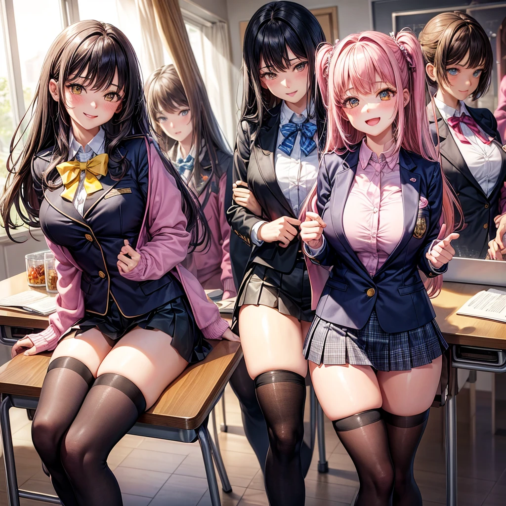 ((4 girls:1.5))、laughter、blush、shirt、のskirt、、((fun!))(small breasts)、chiralism、black hair、()、(黒いskirt:1.3)、bow, button, 襟の付いたshirt, long sleeve, マイクロskirt, プリーツskirt、(Jacket)、 skirt, socks, thighs, 白い shirt, ((classroom:1.5)),(skirtを掴む:1.5)、 (perfect hands, perfect anatomy),cowboy shot、(skirt lift:1.3),(highly detailed white panties:1.3)、(highly detailed panties:1.3)、、(skirt that rolls up:1.3)、(fully exposed panties:1.5)、