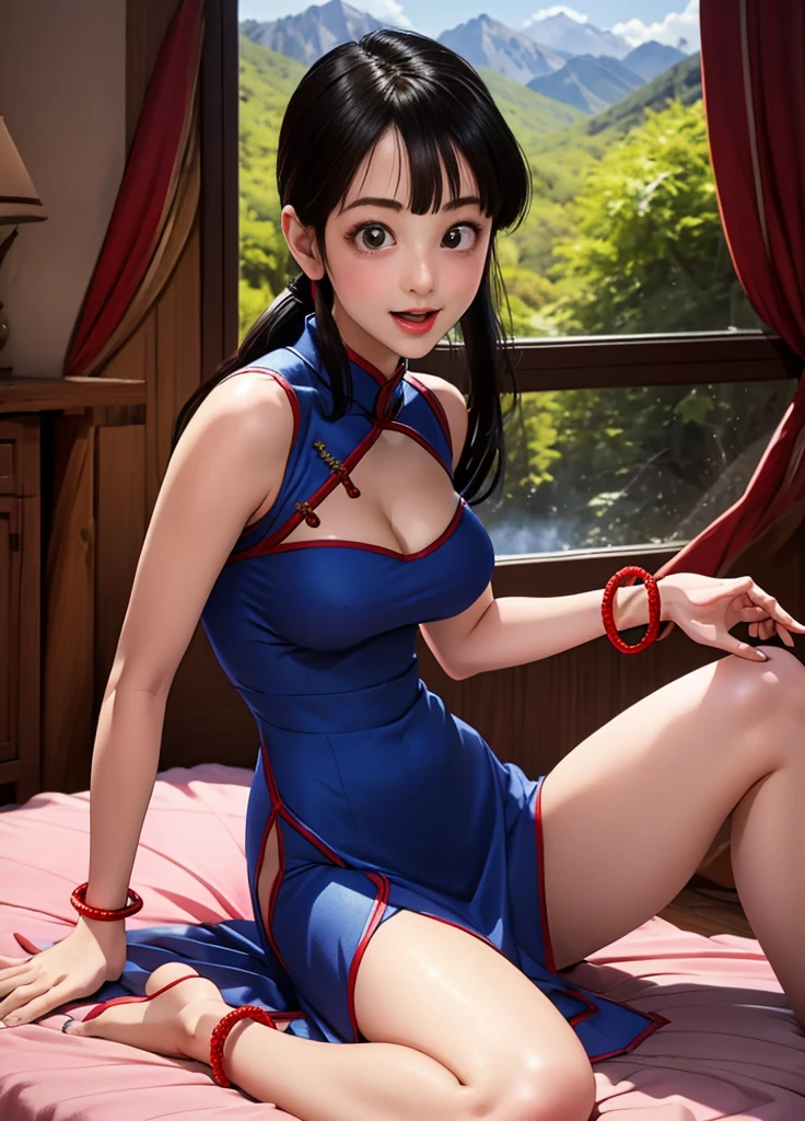  masterpiece,  better quality , highest qualityr,  photorealistic ,  perfect anatomy,  perfect face ,  Perfect Eyes,DBZCH1CH1, side blocks, unique bangs , brown eyes ,),red bracelets,  tight suit, sexy Chinese Qipao dress, Show thighs, Qipao dress, showing thighs, animated eyes, very realistic eyes, Spectacular landscape of a small cabin in the mountains., pine trees, through the window, woman lying on the bed , cozy bed,neckline,half-open mouth, black hair ,  showing breasts ,mischievous expression,  sexy look ,look sexy, neckline, neckline, Beautiful legs , Sitting on the bed,  serious expression ,provocative