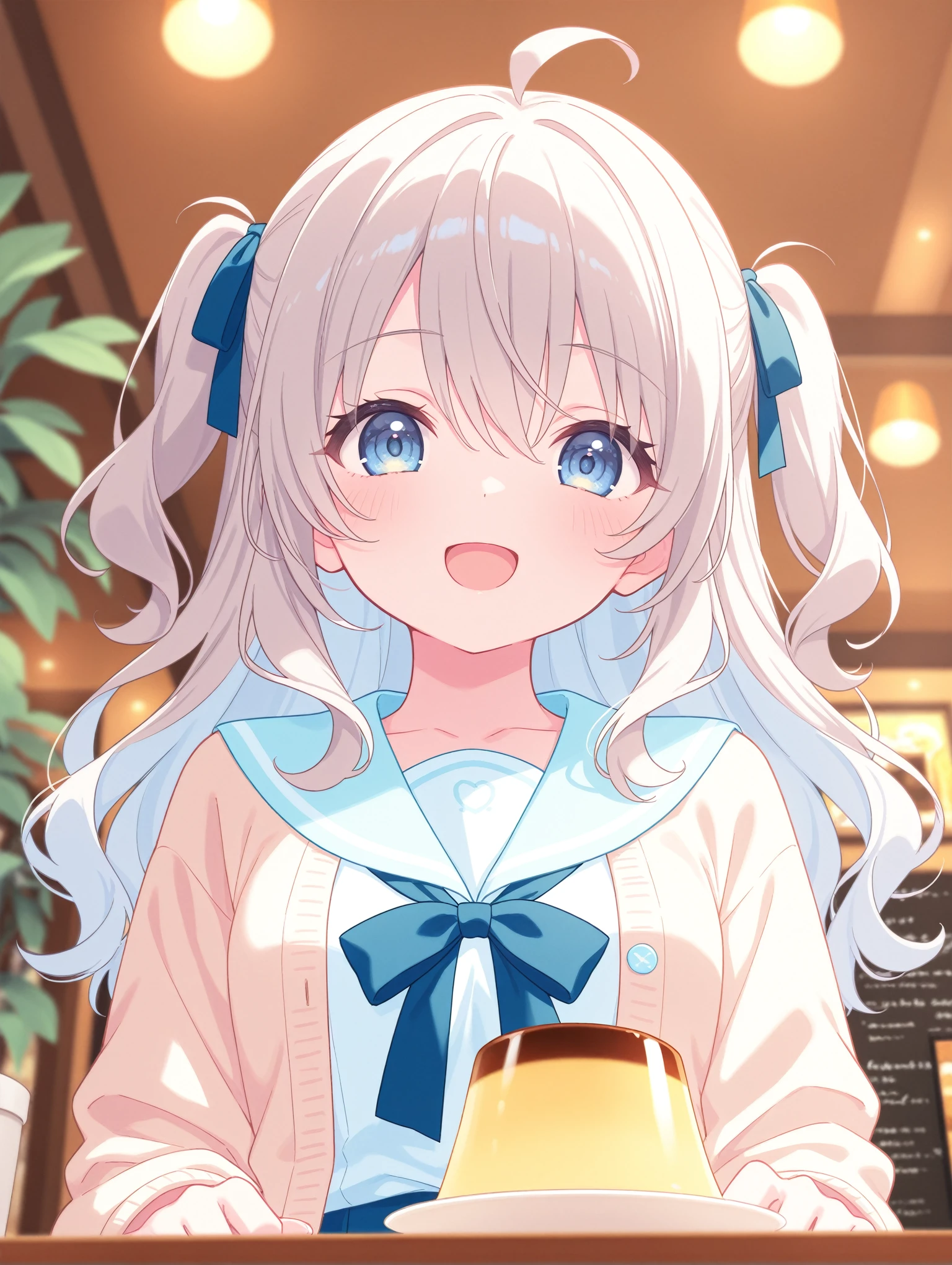 Depth of field, Portrait, Close-up, Straight on, From below, A cute girl, Solo, :D,  Sitting, Looking at viewer, Cute round face, Detailed dark-blue eyes, Detailed body, Small breasts, Long wavy hair, Gray hair, Gray inner hair, Two side up, Hair ribbon, Ahoge, Hair between eyes, Light-blue sailor collar, Long sleeves, Open cardigan, Light-brown cardigan, Inside cafe, Decorative plants, pudding on table, So cute and dreamy, Pastel colors, Colorful,
 ,masterpiece,best quality,newest,