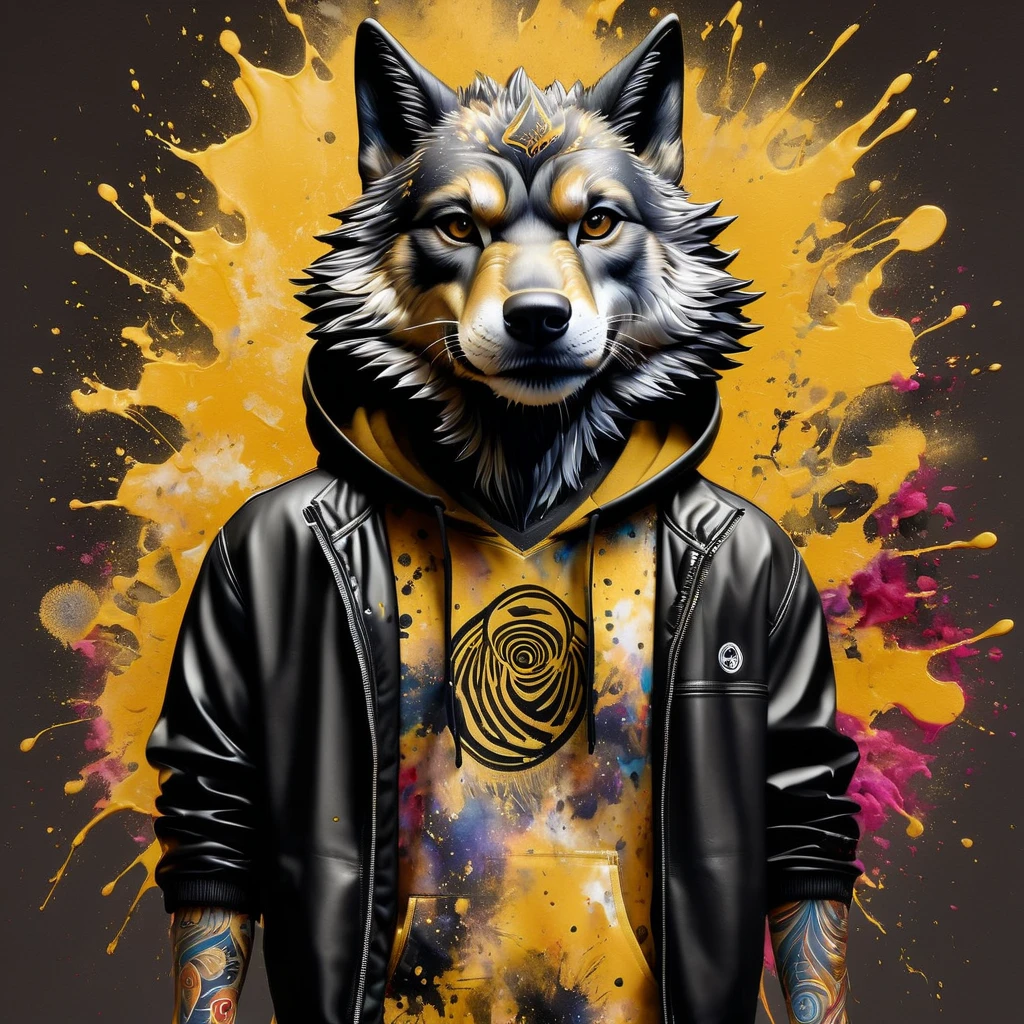  An impressive ink painting depicting an anthropomorphic wolf's head dressed in a hip-hop costume,  The shirt has a print written 'Alcateia'.  Lobo wears a bold hoodie , Inspired by graffiti, black jeans,  and a pair of stylish sneakers . Posing varied .  The background is an explosion of gold and black colors in watercolor ,  creating a dynamic inkblot effect and splash art .  The undulating colors blend perfectly with the elegant ,  hyperrealistic logo shape ,  showing the artist's exceptional attention to detail and craftsmanship .