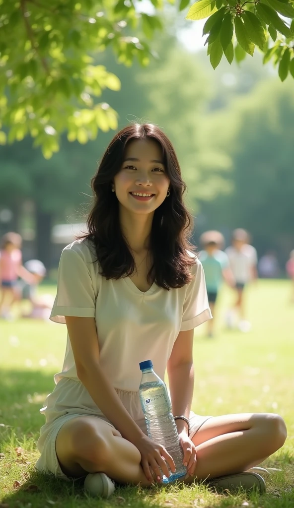 A beautiful Japanese woman in her thirties with short hair, wearing a dark blue long-sleeved cotton shirt and jeans pants, laughs and dances on the path in a fresh green forest. Focal length 100mmf/2.8, spring morning, sunny, forest road in a natural park, well-shaped face, toned body, large arm movements, body rotation, close-up of eyes, sense of presence, 8K image quality, highest quality.