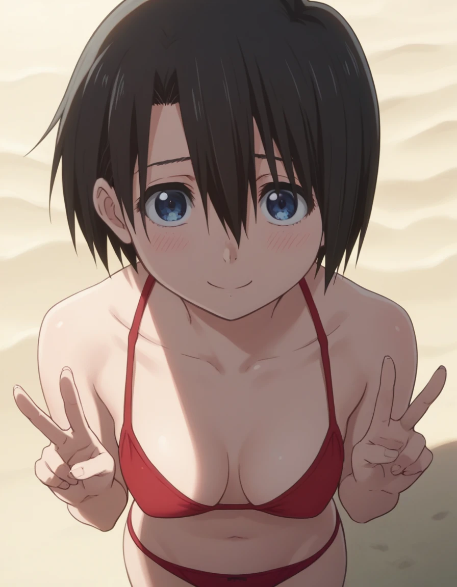 score_9, score_8_above, score_7_above, source_anime,
  yuzurunishimiya  ,   Yuzuru Nihimiya  ,   short hair, blue eyes,   black hair ,   hair between the eyes ,, beach, smile,   looking at the viewer  , (red panties)), [Show breast ], in this beautiful , Alone, shy, (very small breasts), Show breast s,  bare chest , standing, Blush, pose sexy, confrontation , Sensual, uncensored, peace sign, smile,  looking at the viewer , Closed mouth, beach,  silhouette ,  whole body,  front view  