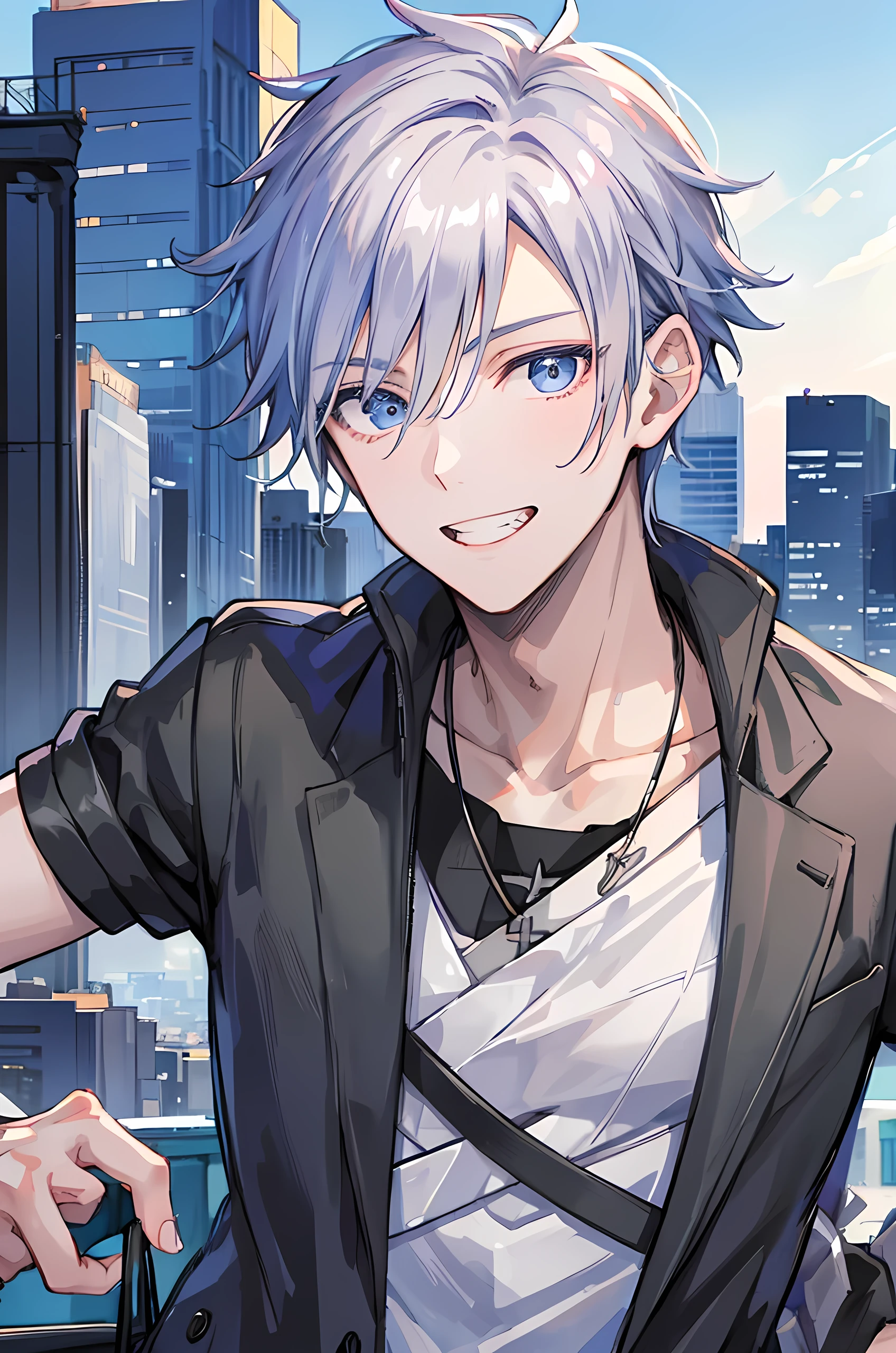 Young man, grey hair, blue eyes, toothy smile face, handsome man, casual wear clothes, modern style cool boy, bad boy, tall man, close up camera, city background