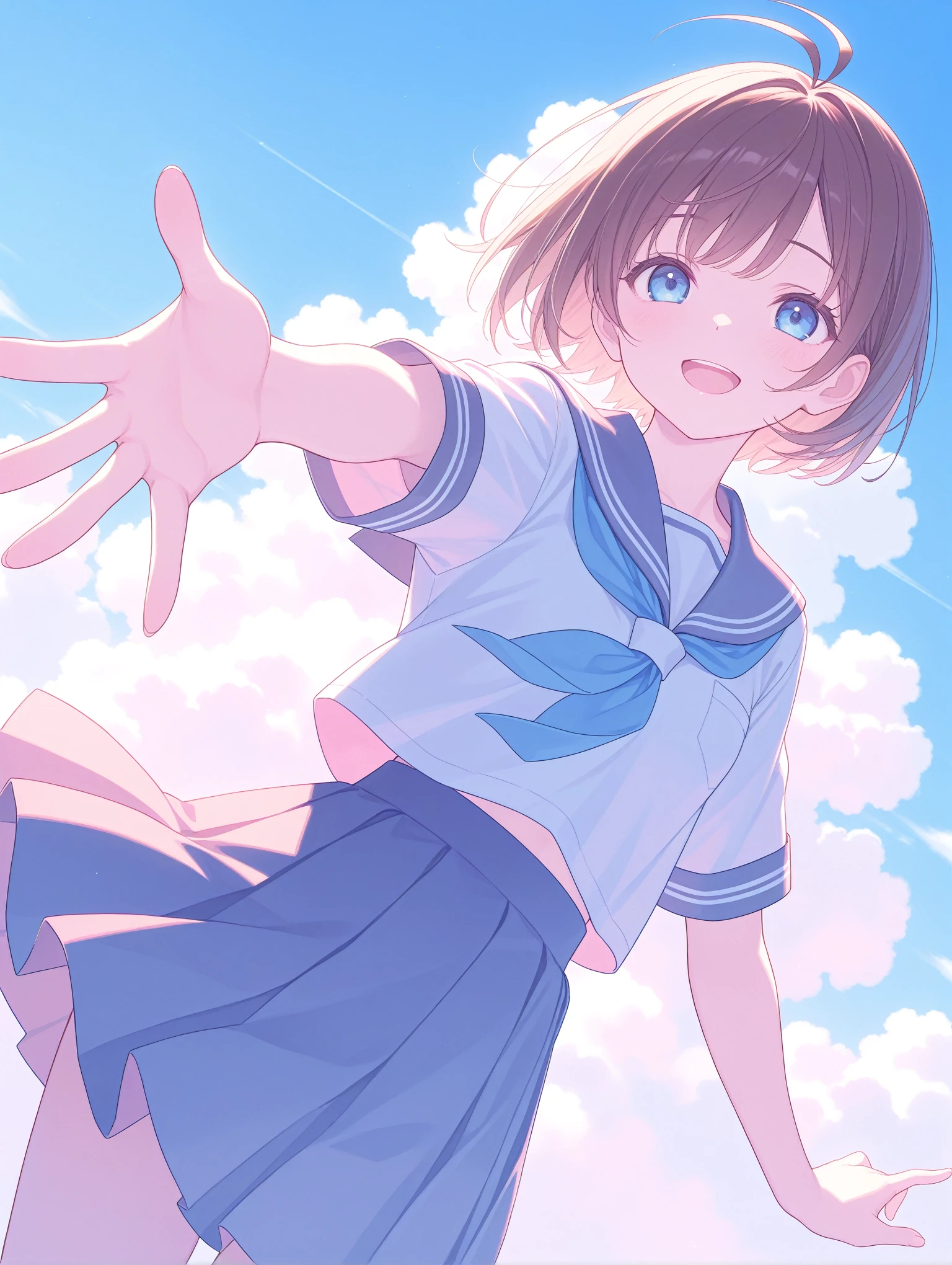 Pastel colors, Colorful, BREAK 1girl, solo, short hair, antenna hair, brown hair, blue eyes, open mouth, school uniform, serafuku, spread fingers, dutch angle, day, outstretched arms, smile, sky, skirt, outstretched hand, cloud, reaching
 ,masterpiece,best quality,newest,