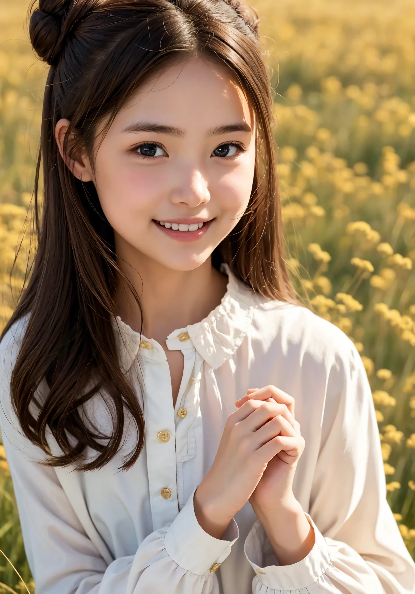  pretty girl , bun hair, brown hair,delicate,smile,masterpiece,field, long-sleeved blouse 