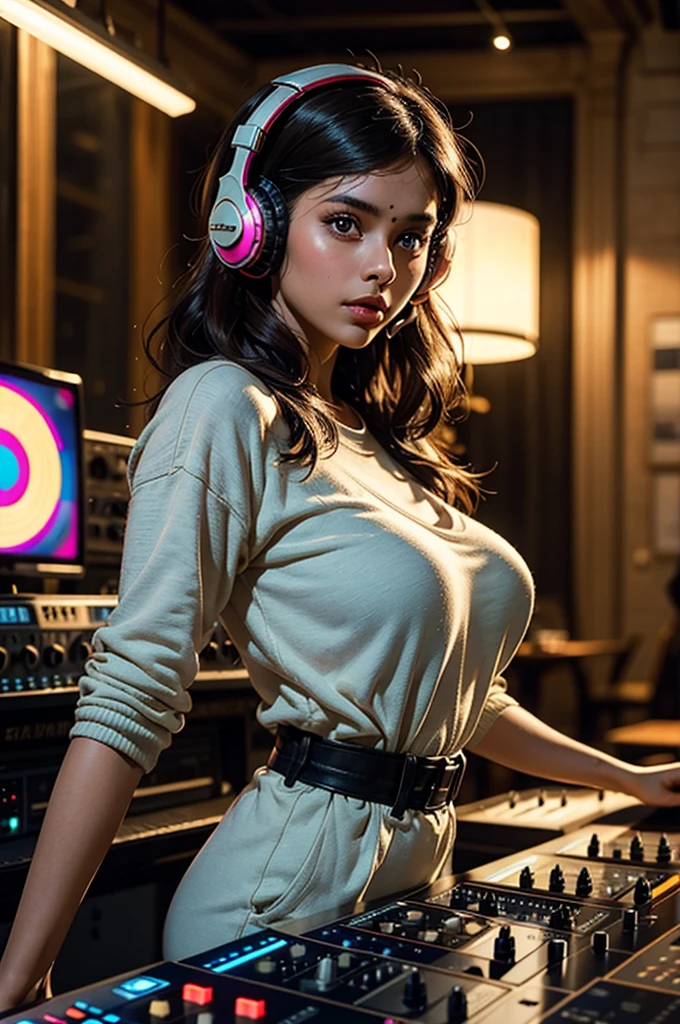 Highest quality, ultra-detailed, 1 dj women, hijab, wearing headphones Malaysian artist sarah suhairi showing bigtit and thic body fully naked at white room
