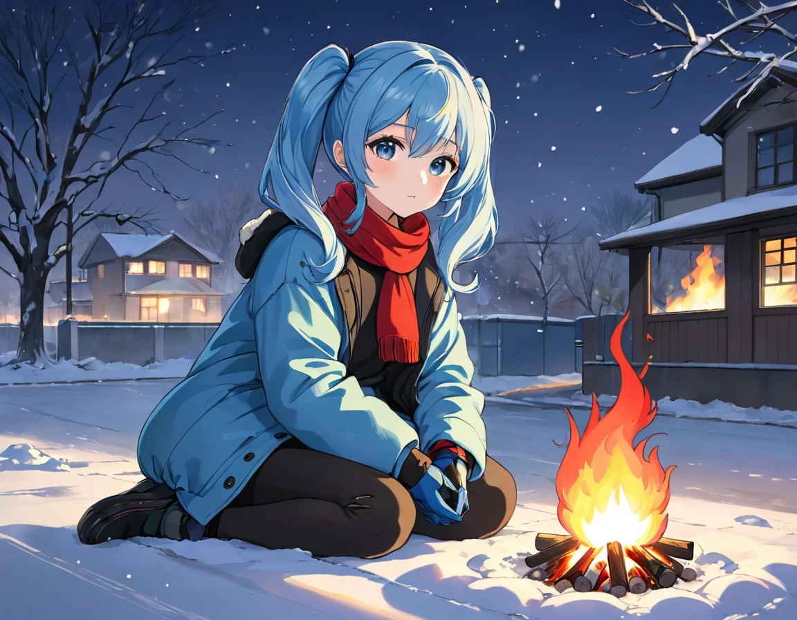 (( best quality)),( super A high resolution ),(Ultra-detailed),(Detailed depiction),(( best anime)),( Best Artwork ),Ultra-detailed art, the art of amazing depiction, The little match girl、 light blue long hair、 girl with twin tails 、A small fire of one match is lit in the hand、lonely sad face 、I'm in tears 、In the midst of falling snow　、I'm staring at the matching lights 、A small fire in my hand 、 I'm wearing a warm down coat、gloves、 red muffler、 sitting by the roadside staring at a small fire