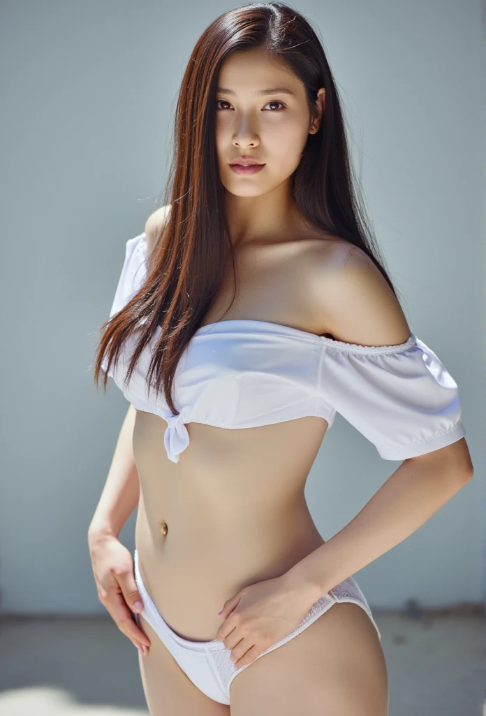  only one woman with a cute smile is cute,  OFF SHOULDER SHIRT , Both hands on hips, , Looking above my collarbone 、 The background is a monotone  、Completely naked、 normal breasts、 small nipples、 topless、Excessive pubic hair、Small pubic area、 white panties 、Full body angle from the front 、 in bright sunlight filtering through the trees
