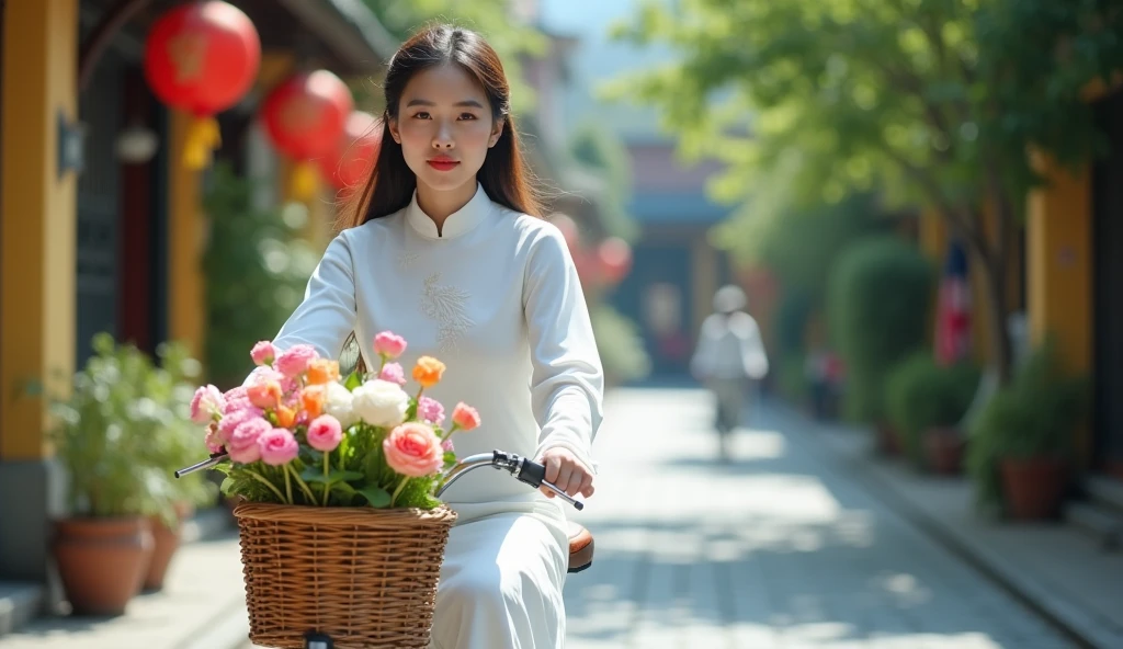 Make a photo of a Vietnamese female model wearing a white Ao Dai. Riding a bike on an old street. 50mm lens. bright. realistic. Focus your eyes well. Full shot. Make a basket and a bouquet of flowers in front of the bike. 