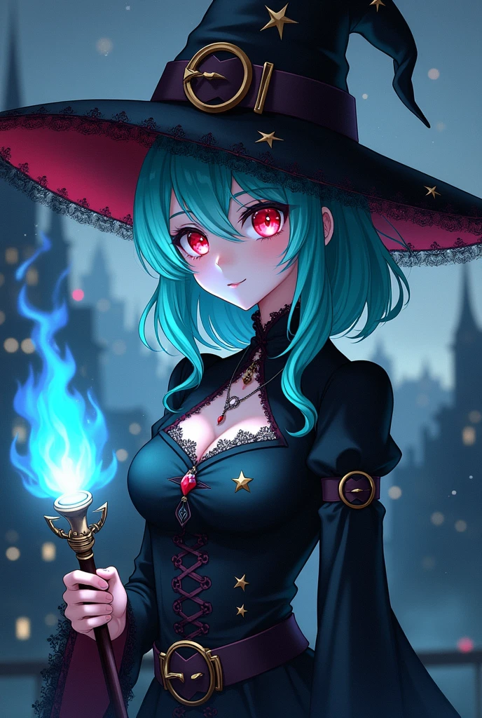 An evil teenage witch with blue hair and red eyes an evil face a witch hat and a dress she has to be using her powers whose colors are red